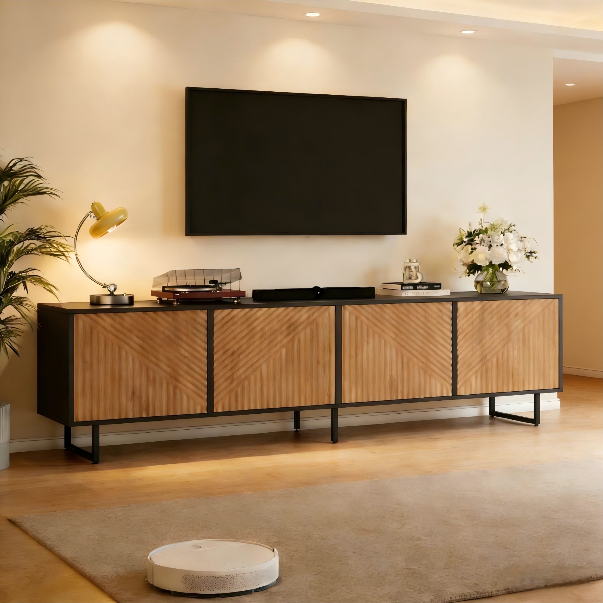 Merax Lowboard mit Holzoptik & Schwarz, 180x40x50cm, für 80 Zoll Fernseher (1 St), TV-Schrank Wohnzimmerschrank mit 4 Türen, viel Stauraum …