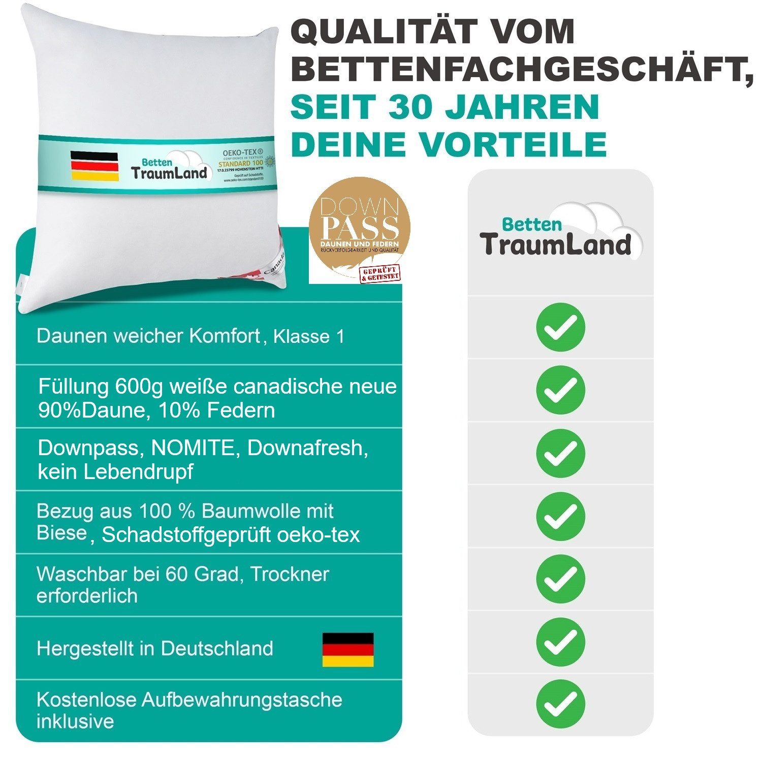 Canada Daunenkissen Canada Dreams Fachgeschäftsqualität Flachkissen, Füllung: 90% Daunen, 10% Kleinstfederchen Qualiät Klasse 1, Flachkissen, wenig Füllmenge
