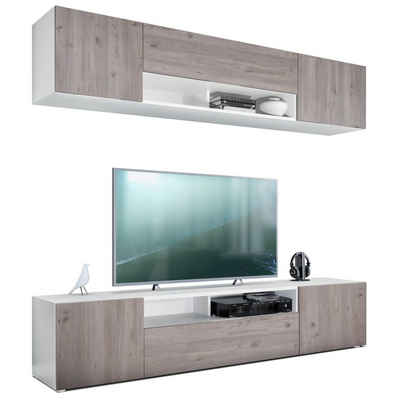 Vladon Wohnwand Mogan, (Anbauwand bestehend aus 2 TV-Boards, 2-St., mit jeweils 2 Türen, 1 Klappe und 1 offenes Fach), Weiß matt/Eiche Nordic 2x (181 x 39 x 35 cm)