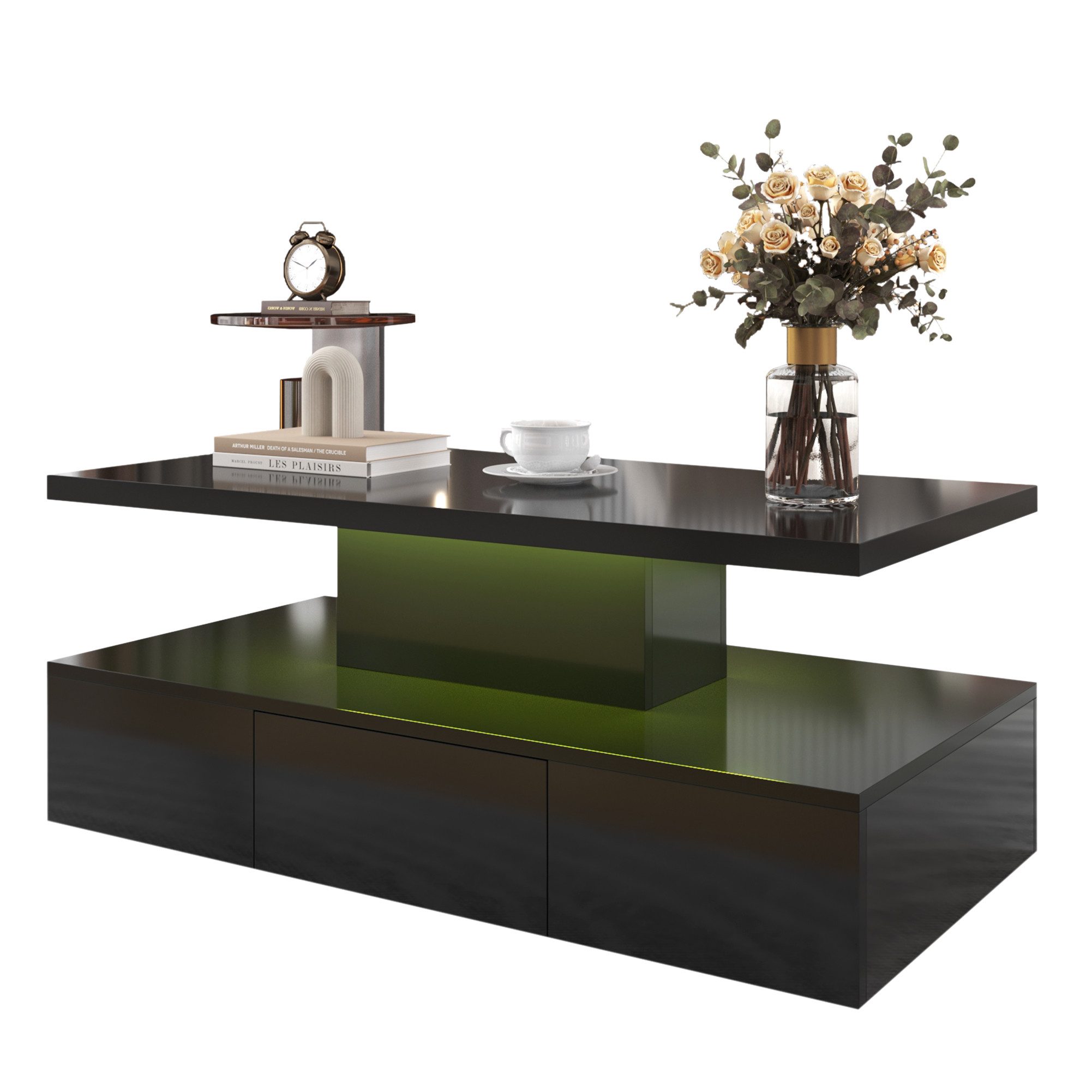 EXTSUD Couchtisch Hochglanz-Couchtisch mit LED & Schublade – Modern, 2 Ebenen, Beistelltisch mit zwei Ablageebenen. Mit LED-Licht