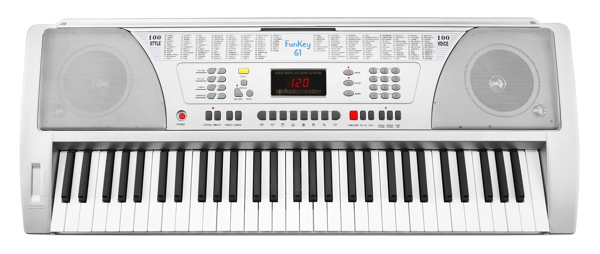 FunKey Home Keyboard FunKey 61 SL Keyboard inkl. Netzteil und Notenhalter Silber, Begleitautomatik mit 100 Rhythmen