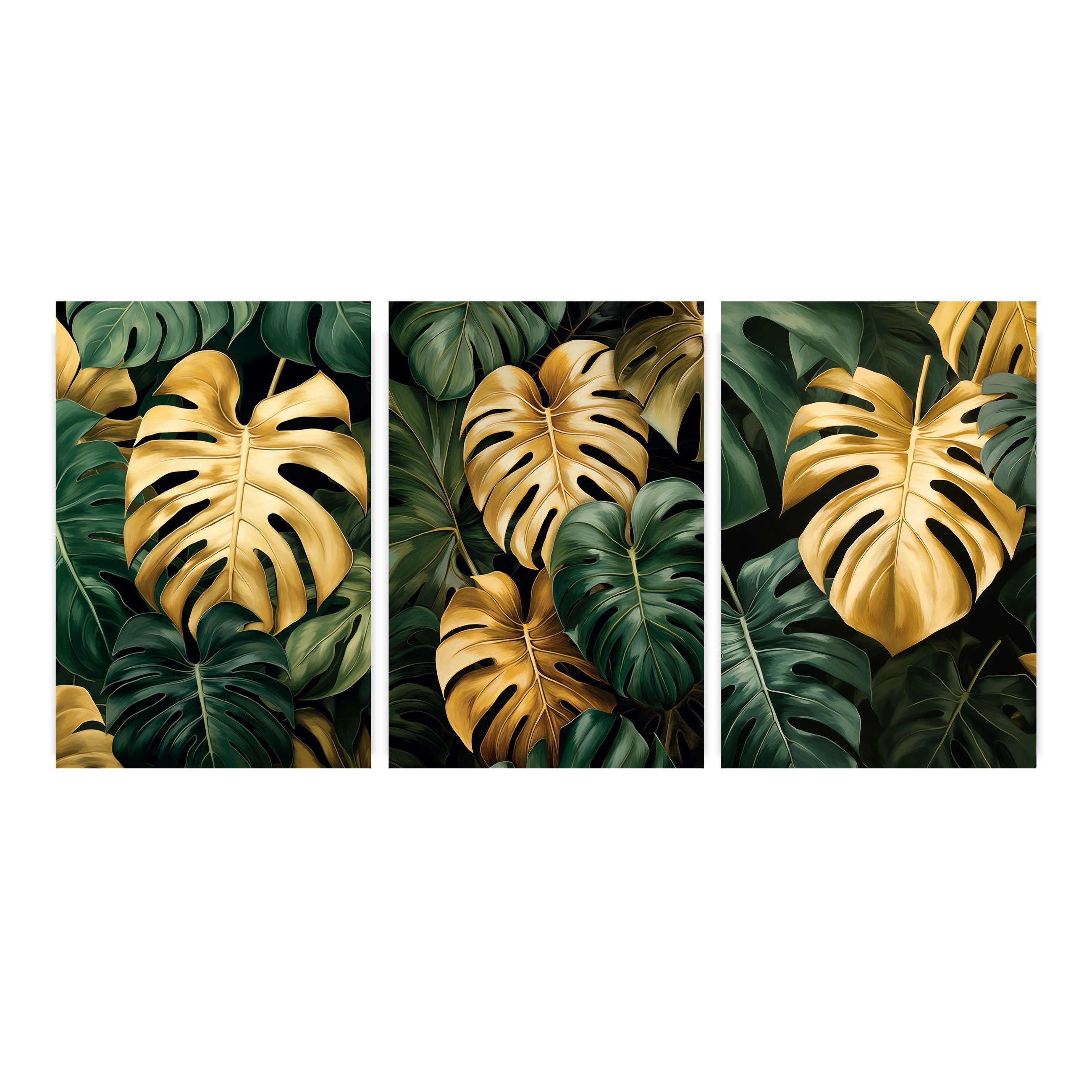 Wallarena Poster SET Blätter Gold Wohnzimmer Schlafzimmer Kunstdruck Wandbild XXL, Monstera Blätter Poster Bild (Set 3 teilig, 3 St), Groß Wandbilder Größen : 3x30x40 cm / 3x50x70 cm / 3x70x100 cm