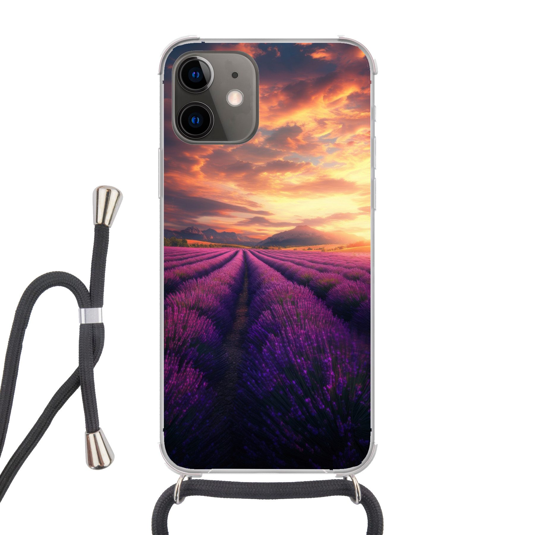 MuchoWow Handyhülle für Apple iPhone 11 Lavendelfeld - Sonnenuntergang - Lila, Tragbare Handyhüllen mit Kette zum umhängen, Handykette Handyband