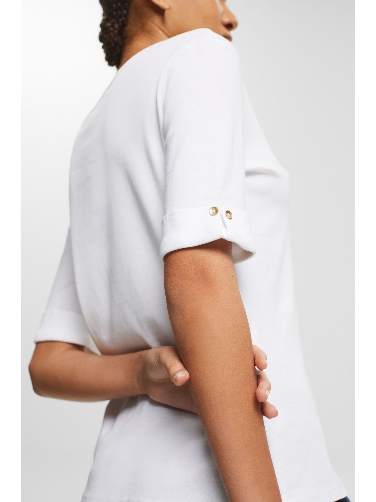 Esprit Collection T-Shirt T-Shirt WHITE (1-tlg) aus umgeschlagenem Ärmel Bio-Baumwolle mit