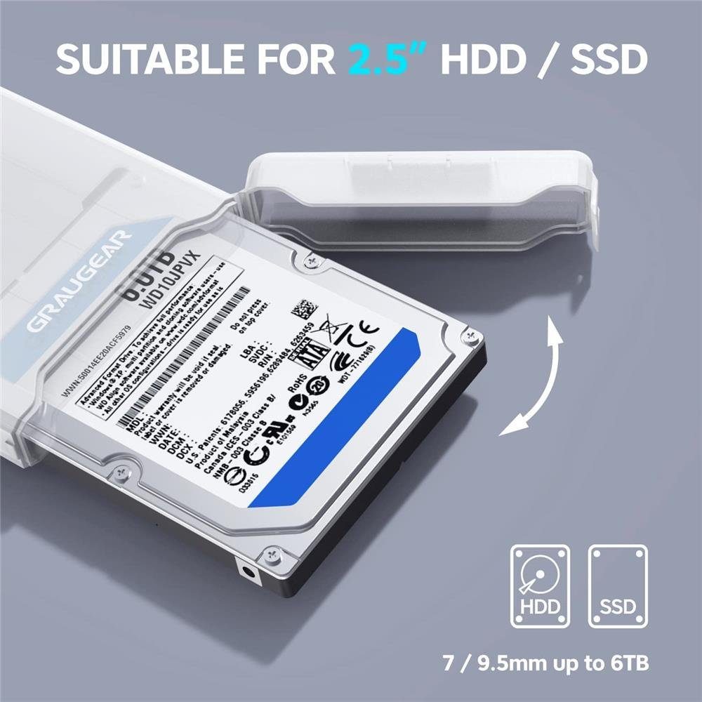 GRAUGEAR Festplatten-Gehäuse Externes Gehäuse für 2,5“ SATA SSD HDD, Festplatten Gehäuse für 2,5 Zoll, USB C Adapter, USB 3.0, werkzeuglos – Bild 5 von 5