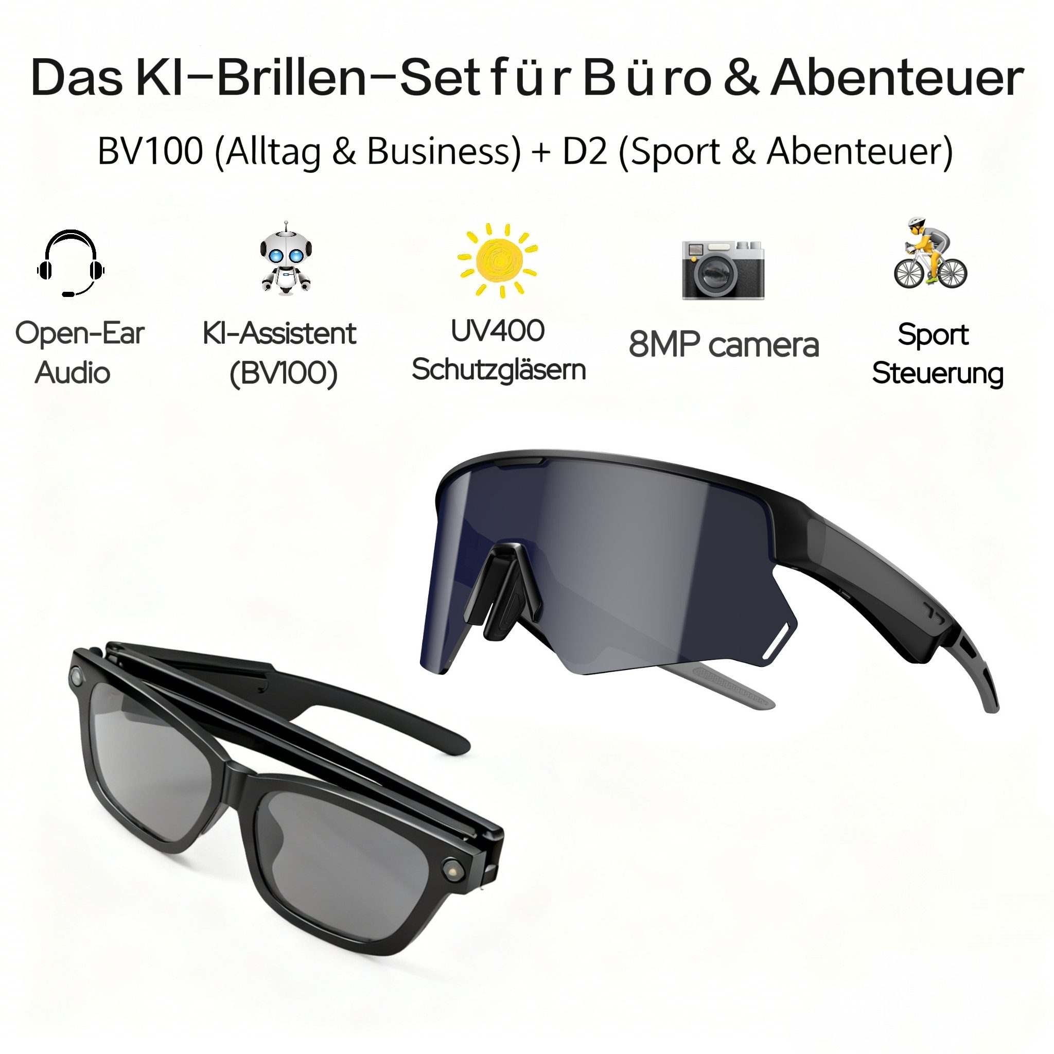 blackview LED-Brille Blackview KI-Brillen Set: BV100 + D2 8MP Kamera, 1200P Video, Open-Ear Audio, KI-Assistent, ENC, 5h Akku