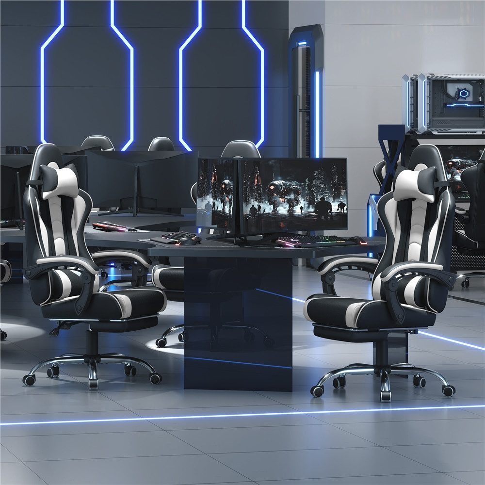 Yaheetech Gaming-Stuhl mit Massagefunktion & Kopfstütze & Fußstütze Ergonomischer PC-Stuhl, Drehstuhl Computerstuhl Verstellbare Rückenlehne