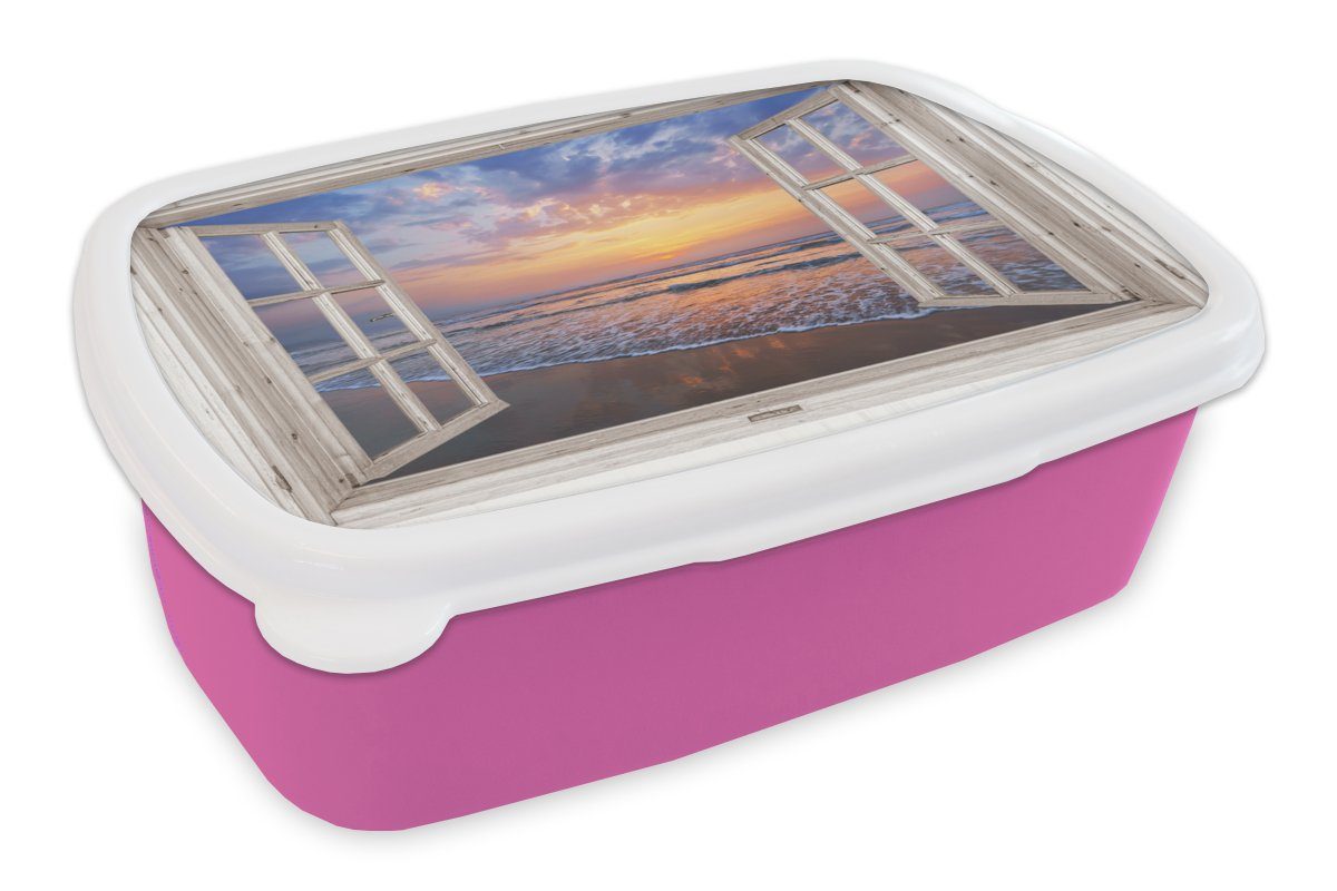 MuchoWow Lunchbox Aussicht - Meer - Strand - Sonnenuntergang - Blau, Kunststoff, (2-tlg), Brotbox für Erwachsene, Brotdose Kinder, Snackbox, Mädchen, Kunststoff rosa