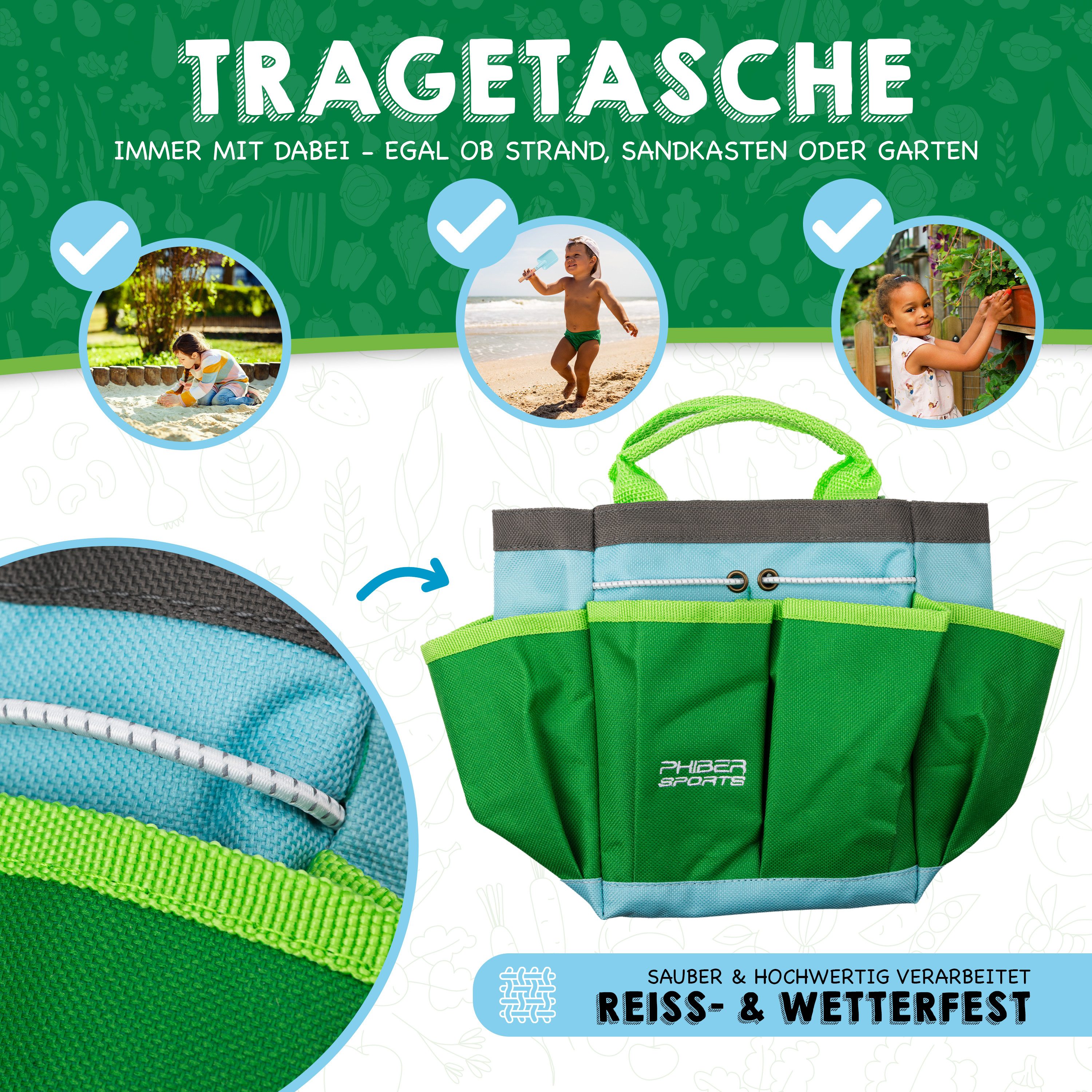 PHIBER-SPORTS Spielzeug-Gartenset PHIBER-SPORTS Kinder Gartenwerkzeug Set mit Kindergartenbuch, (Gartengeräte für Kinder ab 3 Jahre, auch für Sand und Strand, 11-tlg), Garten Werkzeug aus Metall, Gießkanne, Gartenhandschuhe, Tasche