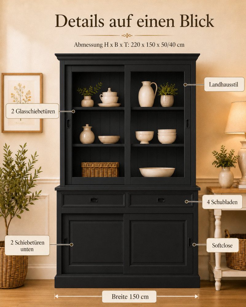 Wohnpalast Vitrine Landhaus Vitrinenschrank Neuss 150 cm Schwarz Buffetschrank