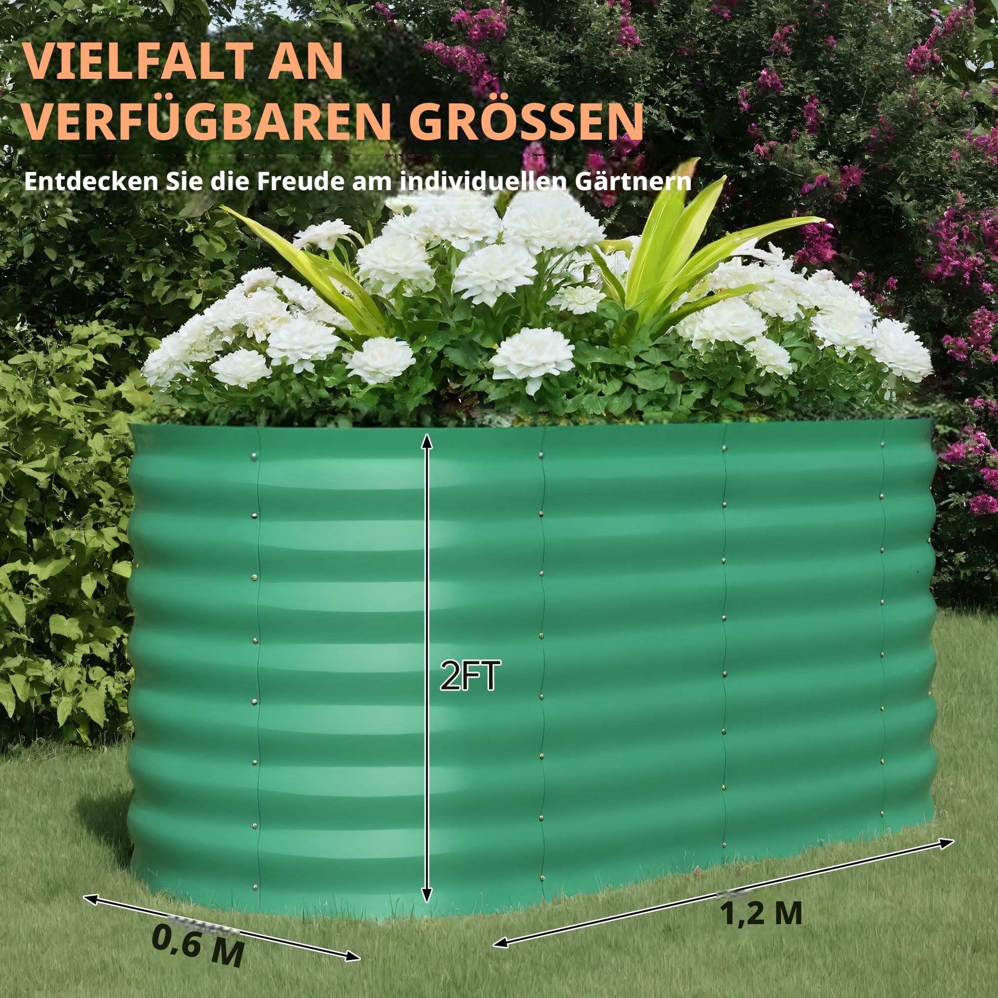 GarveeMore Hochbeet Garten Pflanzbeet oval aus Metall, 0,6mm verzinktes Stahlblech, Unkrautschutz, langlebig, für den Garten & Balkon, Grün/Beige – Bild 3 von 5