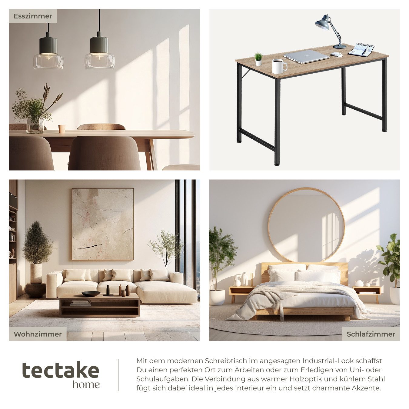 tectake Schreibtisch Bürotisch aus Holz und Stahl, Höhe 75,5 cm (Arbeitstisch Jenkins, 1-St., in Industrial Holz hell, Eiche Sonoma), große Beinfreiheit, mit hö – Bild 5 von 5