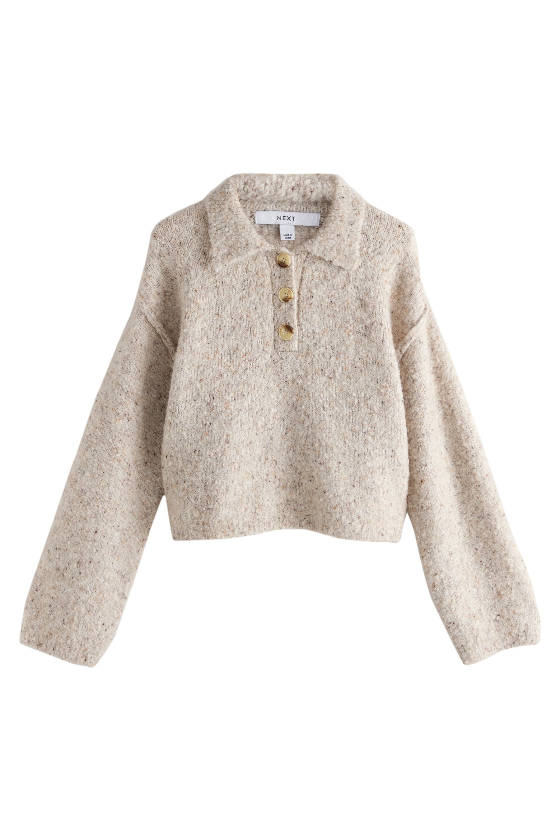 Next Strickpullover Gerippter, langärmeliger Bouclé-Polopullover (1-tlg)