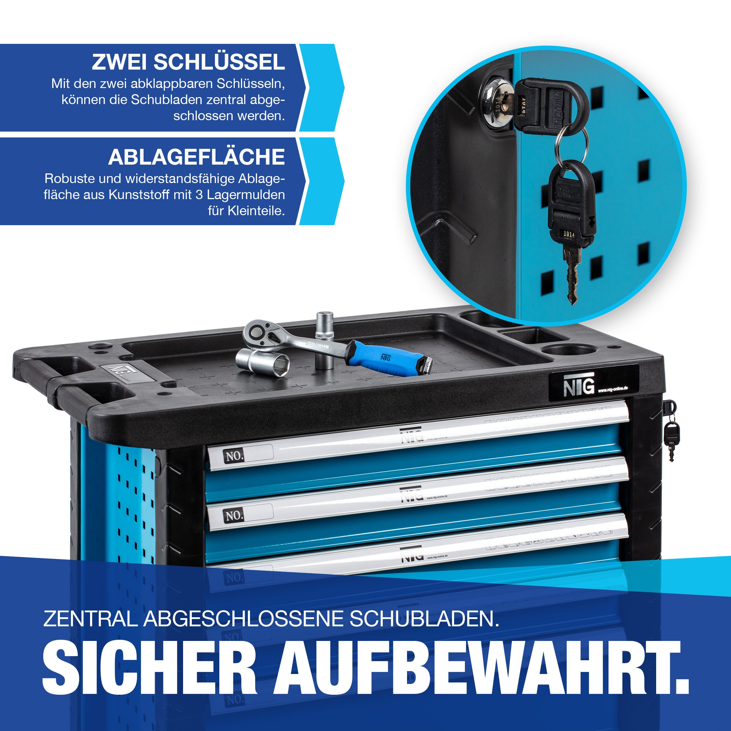 NTG Nutzfahrzeug Technik GmbH Werkzeugwagen Werkstattwagen Rollwagen 220 Teile Komplett mit Werkzeug 6 Schubladen, 220-tlg. Werkzeugset, (220-tlg), kugelgelagerte Schubladen + Feststellbremse