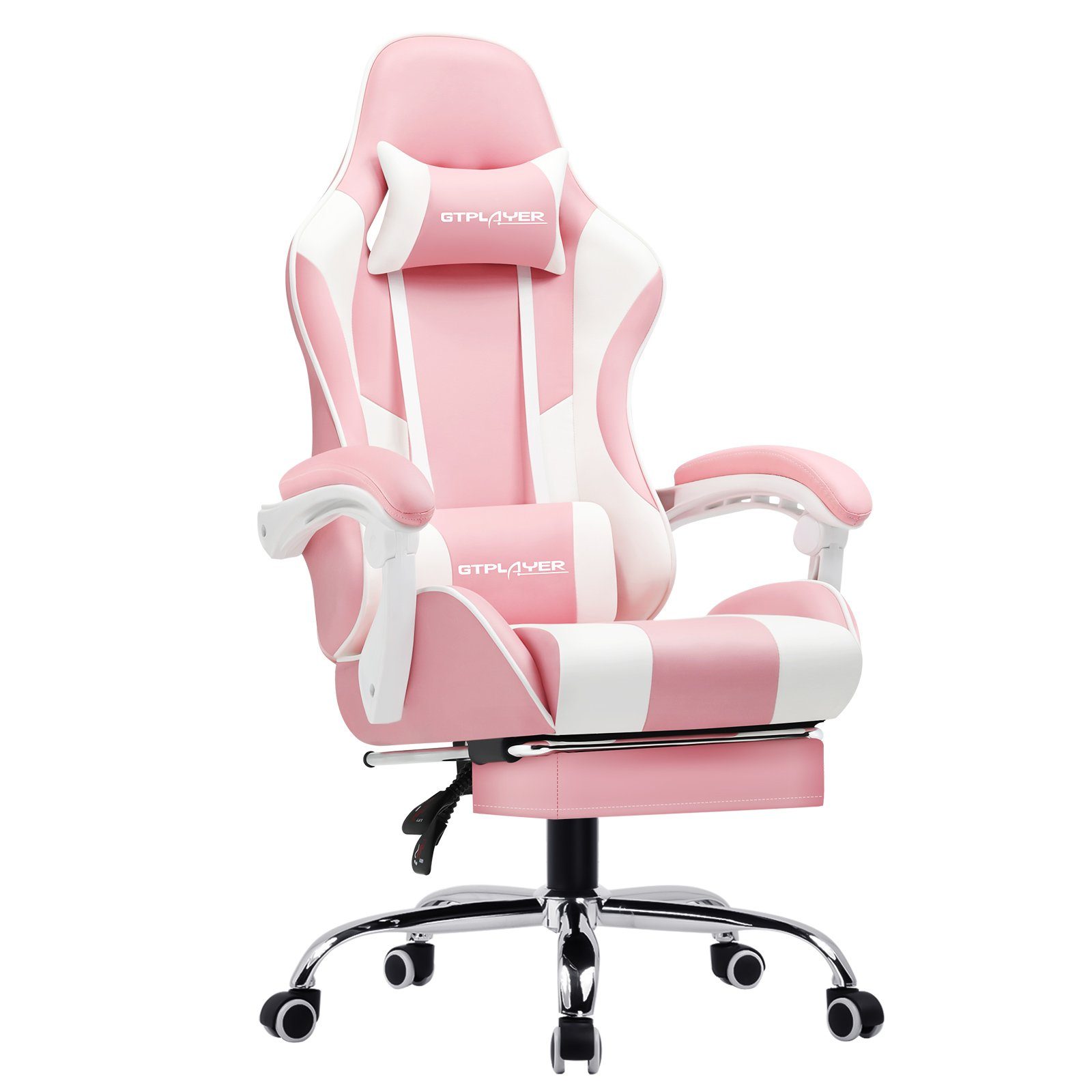 GTPLAYER Gaming-Stuhl mit Fußstütze und Massage-Lendenkissen Bürostuhl Zocker Stuhl, mit Verbindungsarmlehnen bis 120kg belastbar, Hohe Rückenlehne PINK