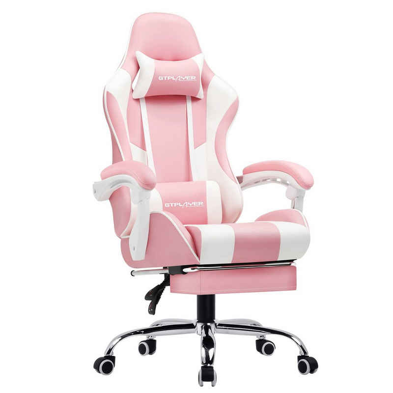 GTPLAYER Gaming-Stuhl mit Fußstütze und Massage-Lendenkissen Bürostuhl Zocker Stuhl, mit Verbindungsarmlehnen bis 120kg belastbar, Hohe Rückenlehne