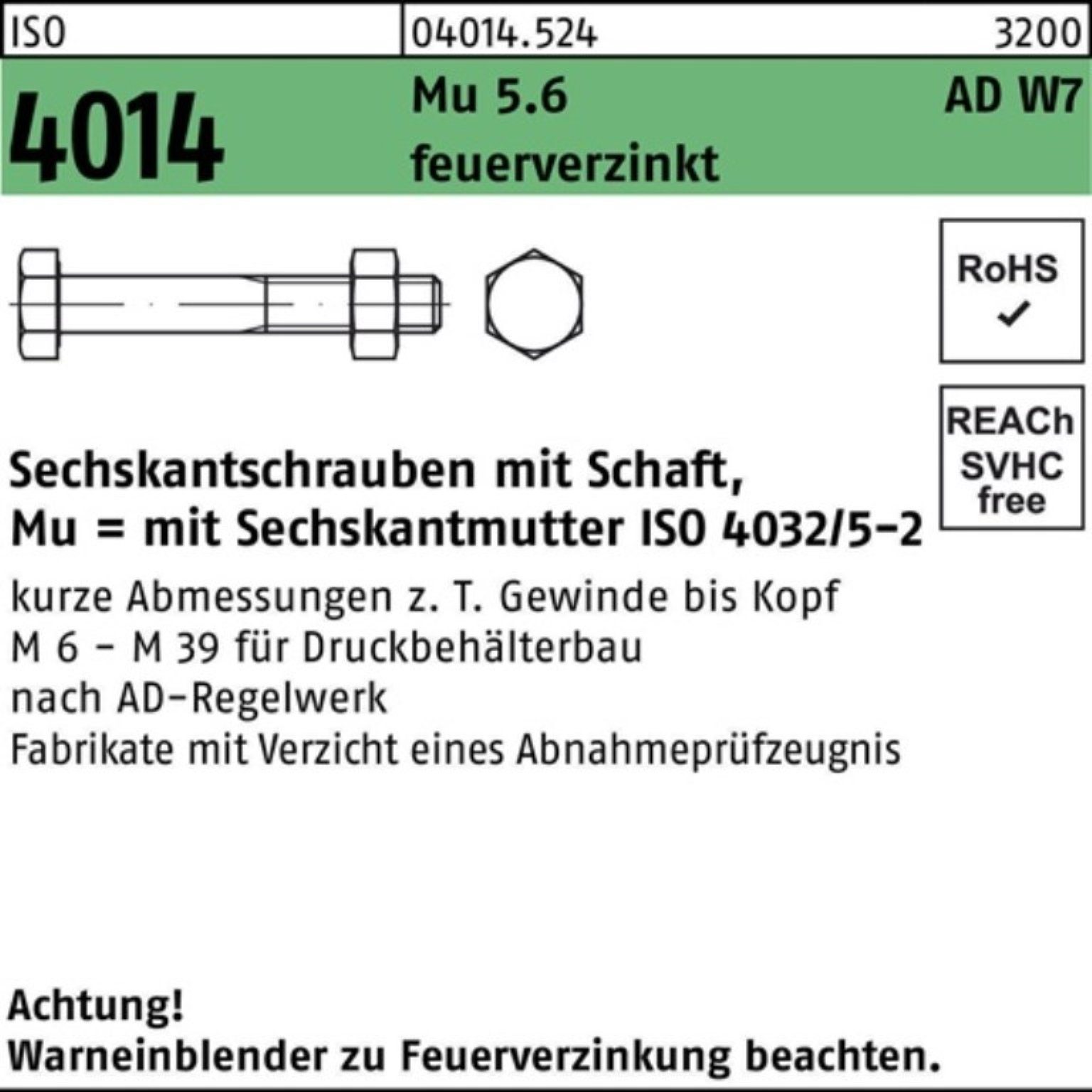 5.6 M24x ISO Schaft Pack W7 Sechskantschraube 4014 feuerv 100er 200 Sechskantschraube Mu Bufab