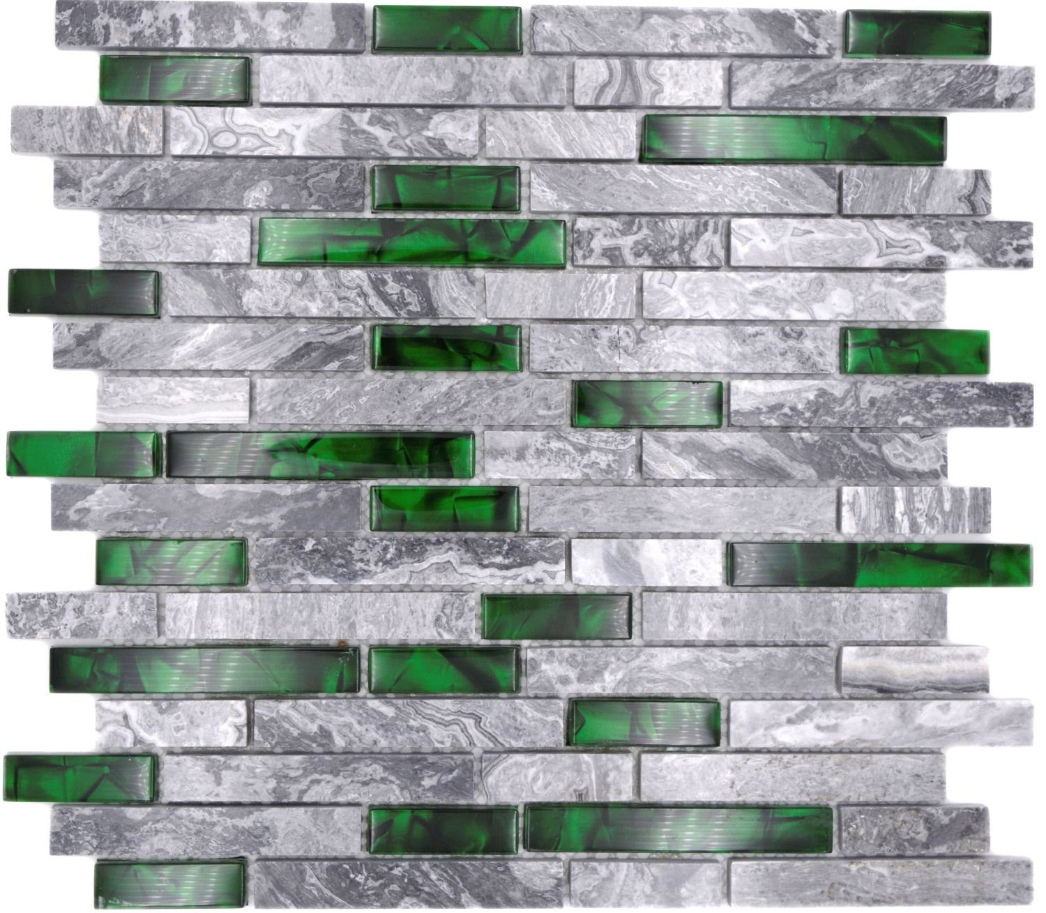 Dekorative grün glänzend, Mosaikfliesen Wandfliesen 0,87m² Set, Glasmosaik 10-teilig, Wandverkleidung mit Naturstein Mosani grau