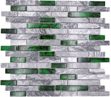 Mosani Mosaikfliesen Glasmosaik Naturstein Mosaik grau mit grün glänzend / 10 Matten, Set, 10-teilig, Dekorative Wandverkleidung