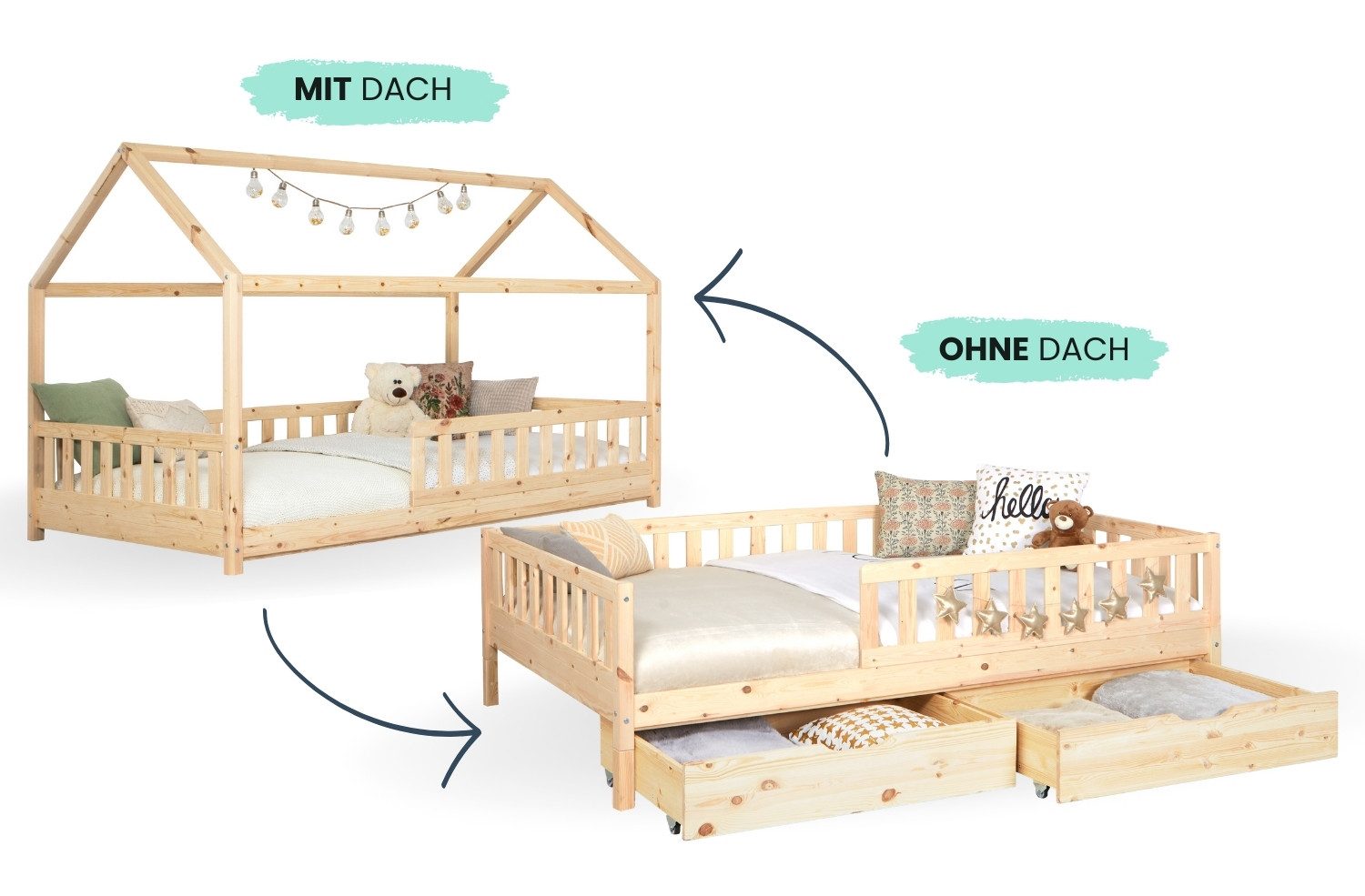 Ticaa Hausbett Duo mit Rausfallschutz und Schubkasten aus Kiefer, Bodenbett 90x200, inkl. abnehmbarem Dach, mit Rollrost
