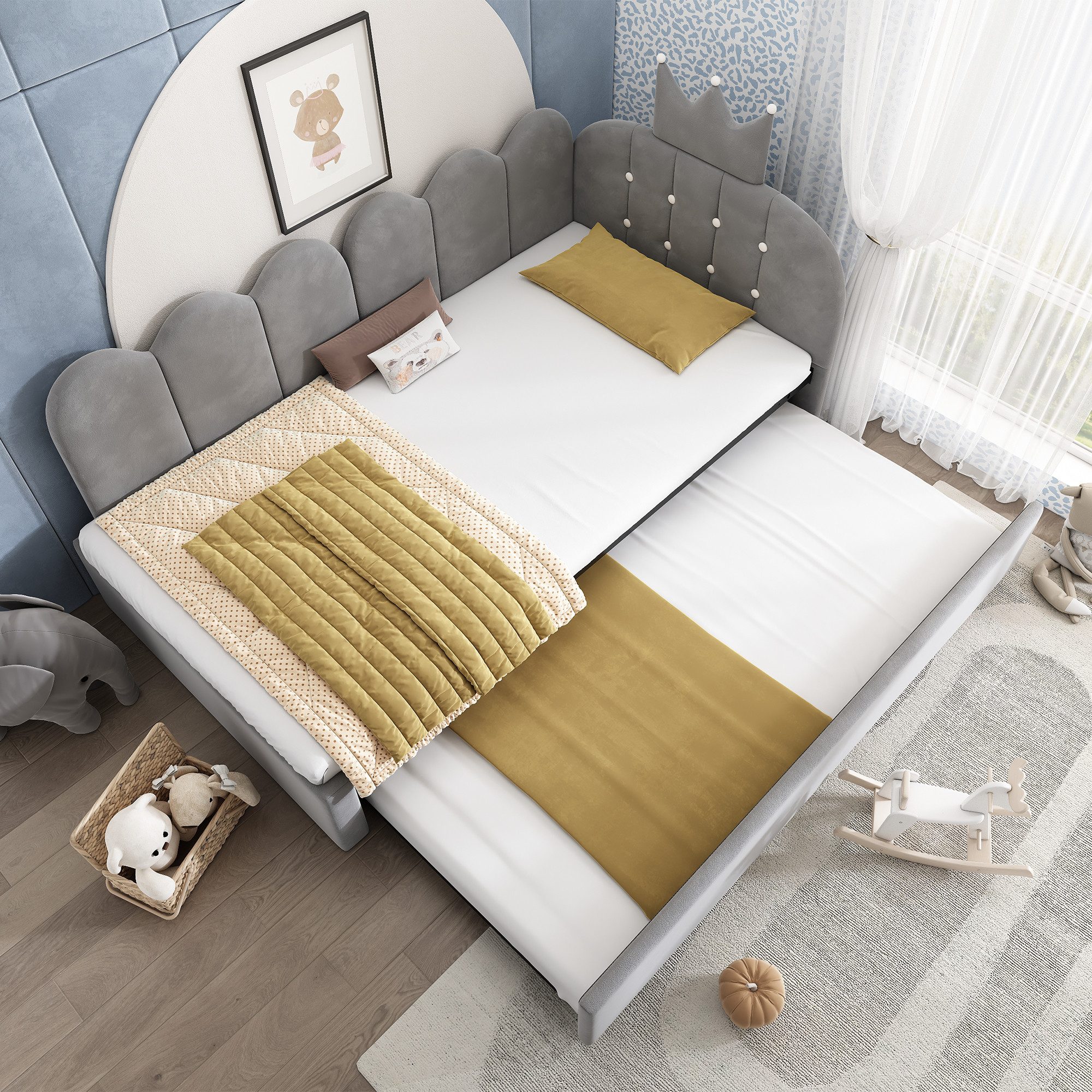 MODFU Polsterbett Ausziehbett 90x200/90x190 cm aus Samt mit Kronen-Design (Packung, 1-tlg., Sofa-Bett 90x200 cm & Einzelbett 90x190 cm, platzsparend), Ideal für Kinder- & Gästezimmer, ohne Matratze