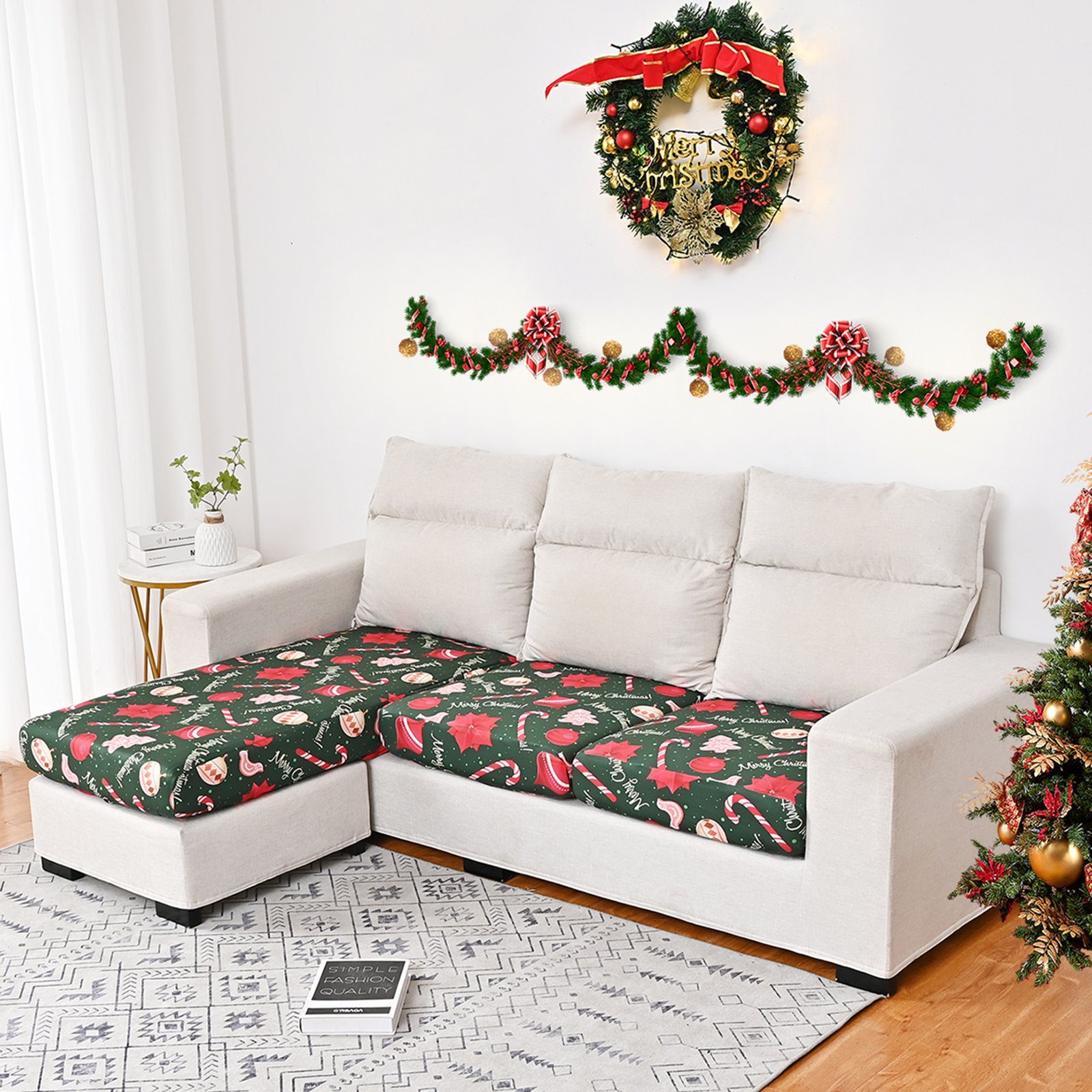 Sofahusse mit Rosnek Grün Sofa, Boden, Weihnachtsmotiv, L-Form elastischem für