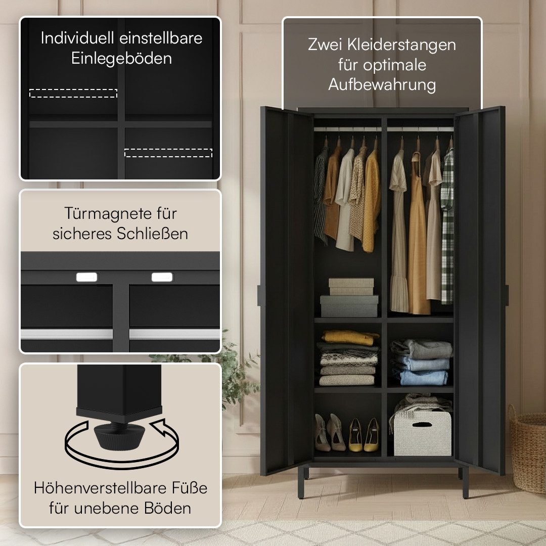 skølm Kleiderschrank Ituri aus Metall (Schwarz) Metallschrank mit 6 Fächern & 2 Kleiderstangen, 170x80x45 cm