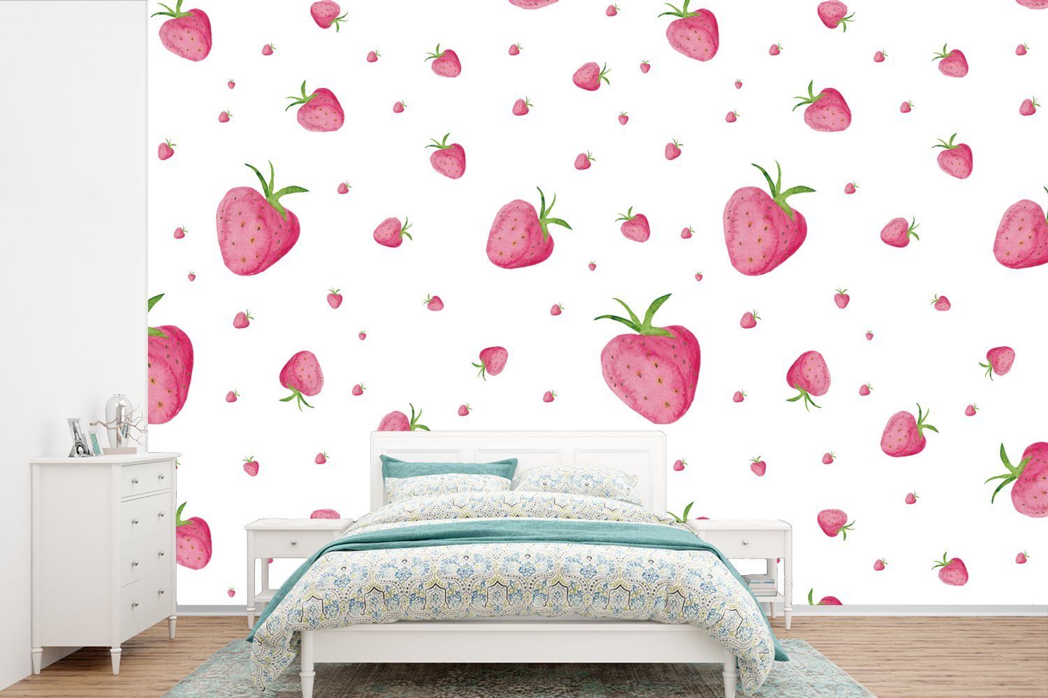 MuchoWow Fototapete Erdbeere - Obst - Weiß, Matt, bedruckt, (6 St), Wallpaper für Wohnzimmer, Schlafzimmer, Kinderzimmer, Vinyl Tapete