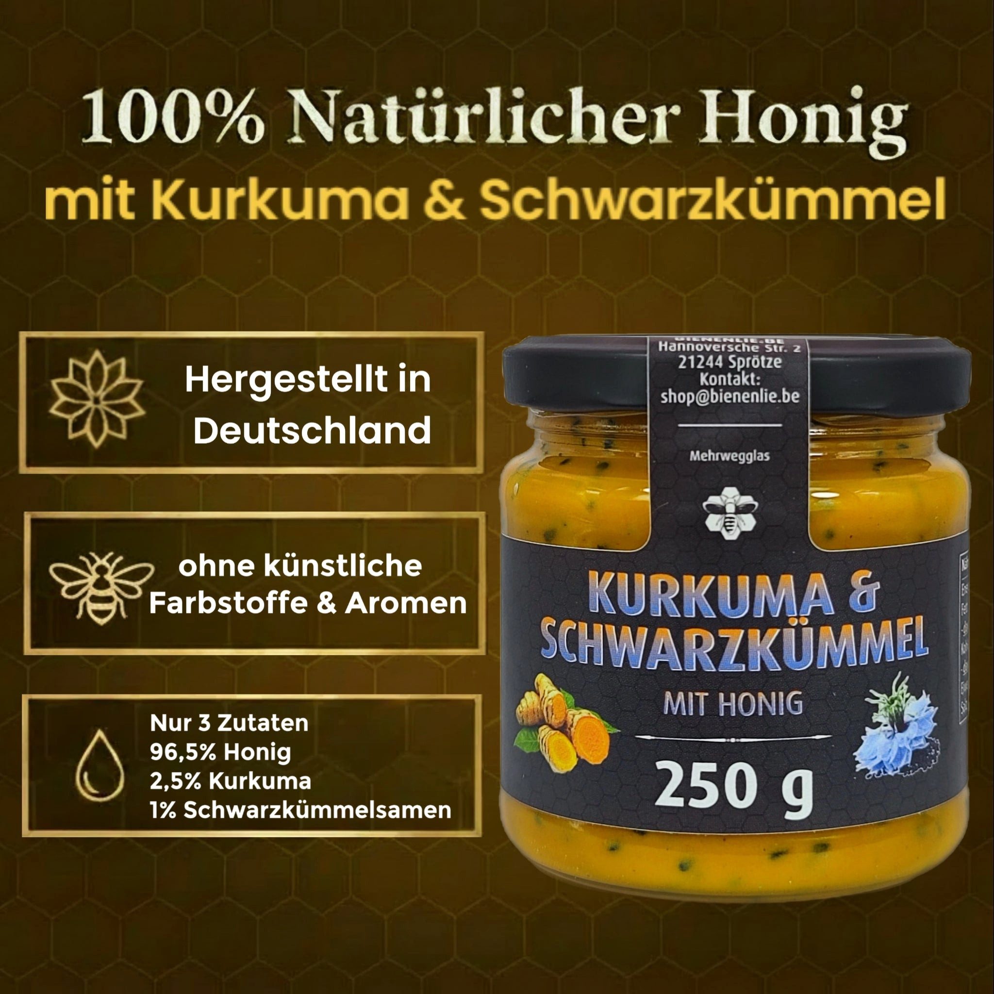 Imkerei BienenLie.be Honig Kurkuma & Schwarzkümmel mit Honig -würzig & bitter, 250g, 1 x 250 g, 1 St.