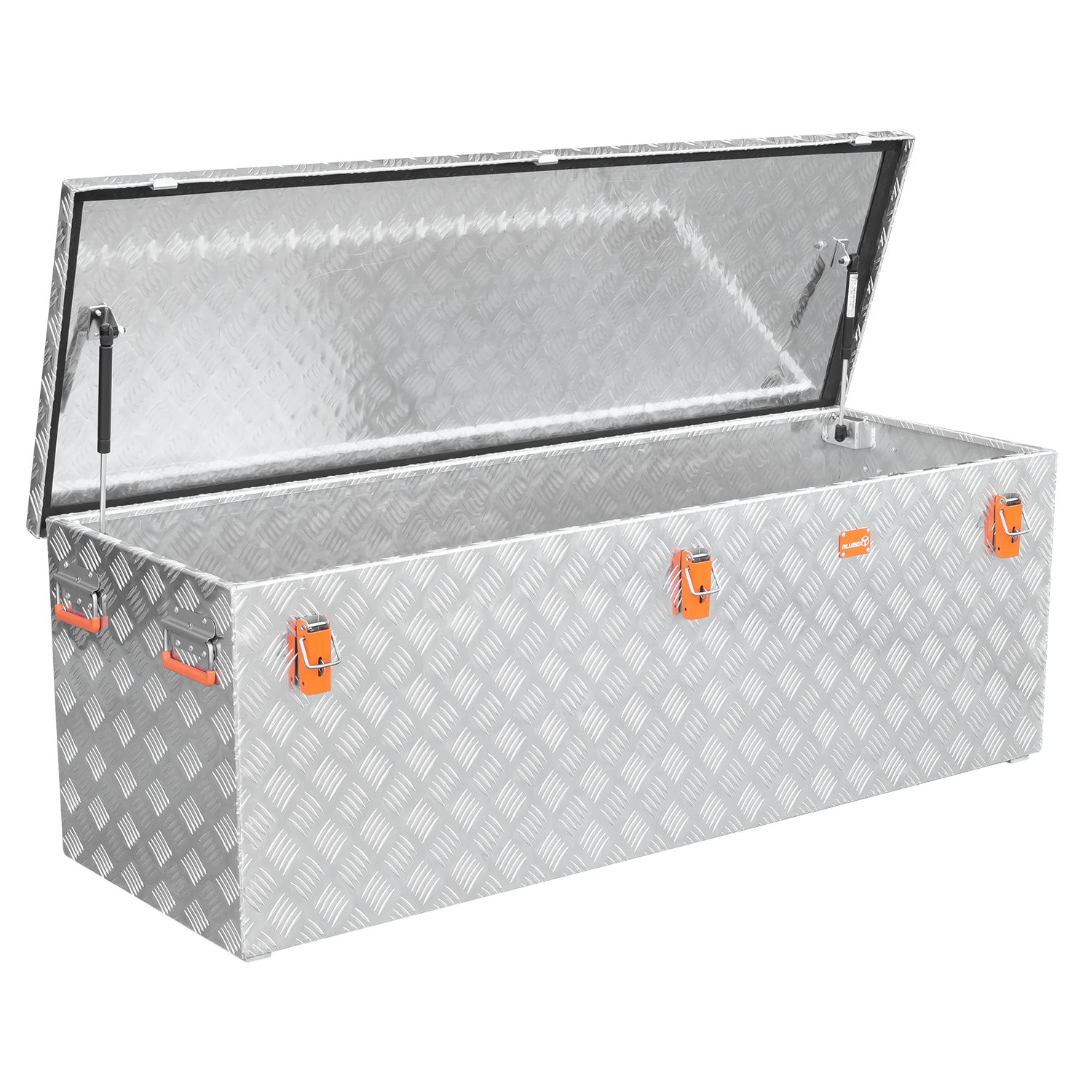 ALUBOX Aufbewahrungsbox aus Aluminiumriffelblech massive Transportkiste (375 Liter), Fangbänder oder Gasdruckheber am Deckel - 4 Füße mit M10 Innengewinde