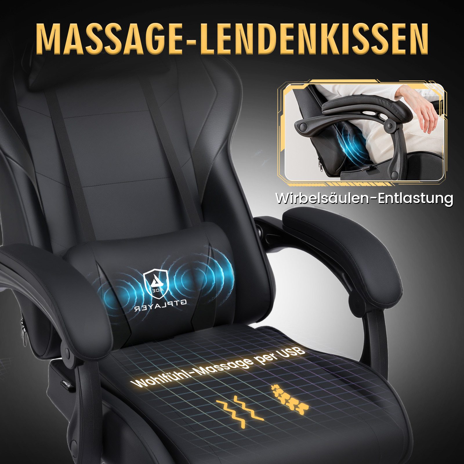 GTPLAYER Gaming-Stuhl Bürostuhl mit Massagefunktion, Fußstütze, Kopfstütze (Packung), Ergonomischer Gamer Stuhl Maximale Belastung 150 kg, 360° drehbar – Bild 2 von 5