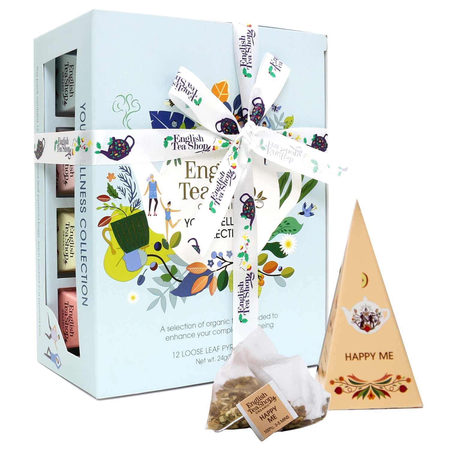 English Tea Shop Tee Geschenk mit Schleife "Wellness Kollektion", BIO, 12 Pyramiden-Beutel, 6 köstliche BIO Kräuterteemischungen ohne zusätzliche Aromen