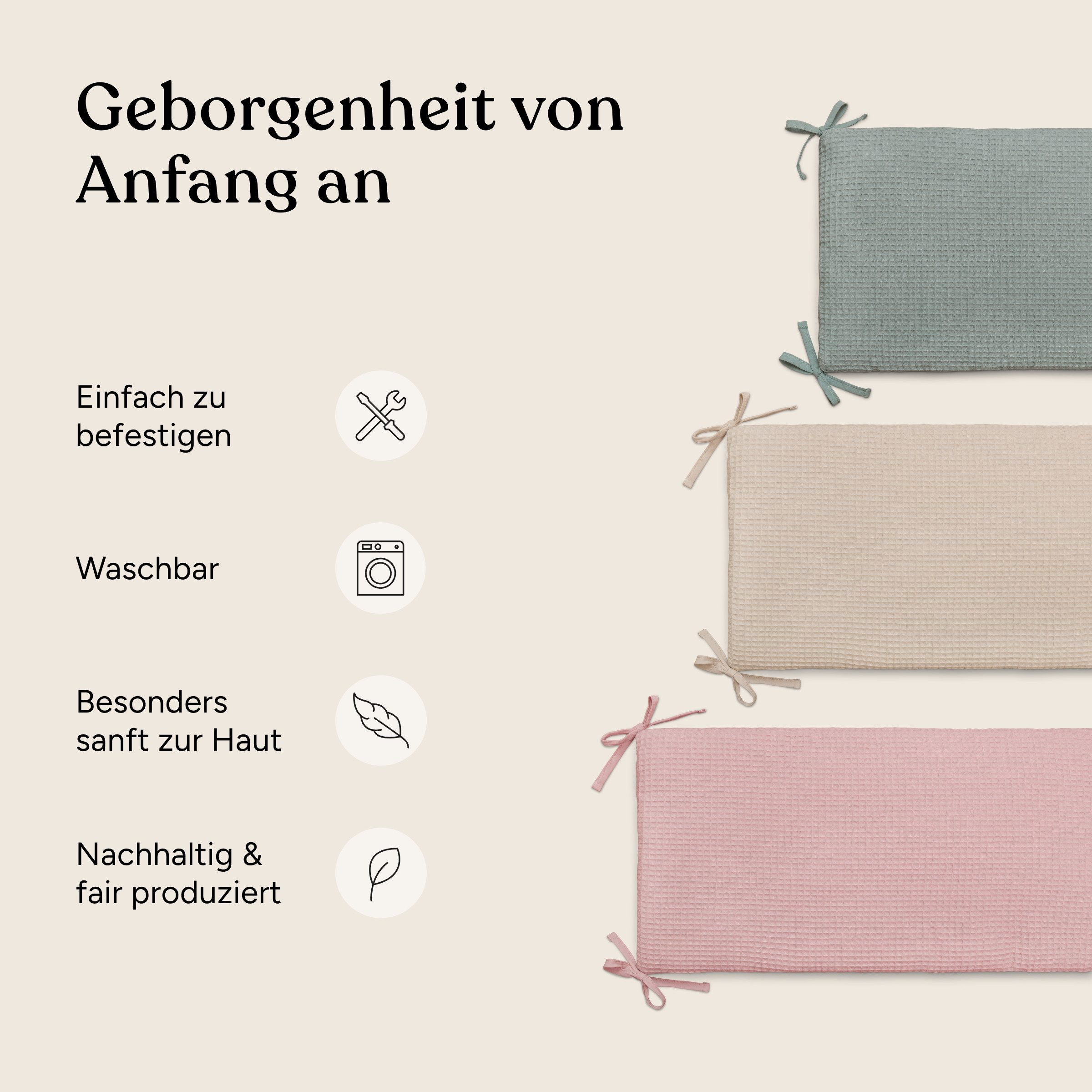Ehrenkind Bettumrandung Bettumrandung Babybett aus Bio-Baumwolle, (hochwertige Bio-Baumwolle und innen weich gepolstert, Babybett Umrandungen), Bettumrandung Babybett, Gitterbett Schutz