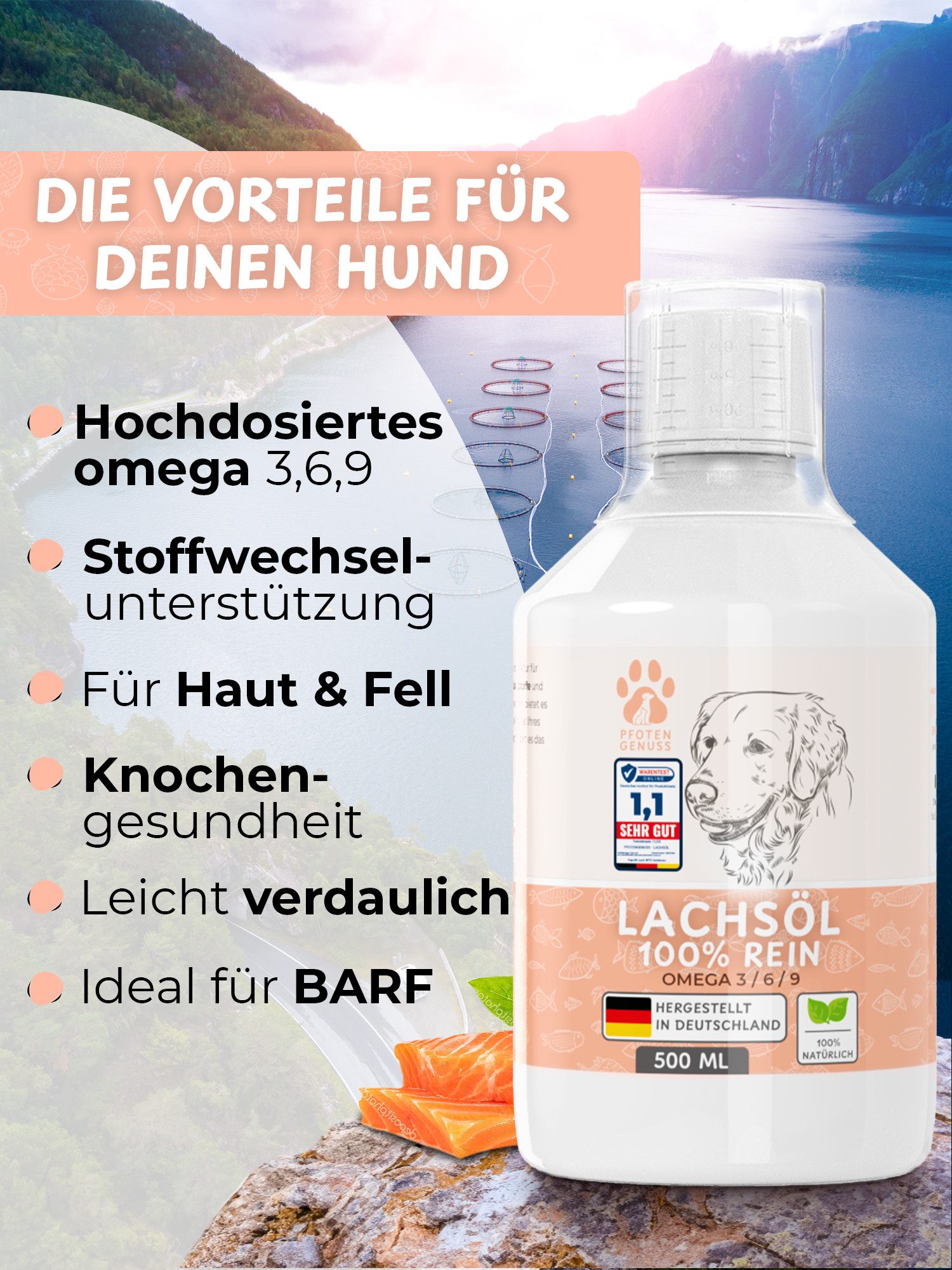 Pfotengenuss Fellpflege Hunde Lachsöl natürliche Omega 3, 6 & 9 abgefüllt in Deutschland, 250 ml, (hochwertige Zutaten für nötige Energie im aktiven Alltag, reich an Omega-Säuren, optimale Barf-Ergänzung), natürliches, hochdosiertes Lachs-Öl Barf-Öl für Haustiere