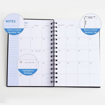 KINSI Notizbuch Tagebuch A5 Ringbuch,Monatsplaner Wochenkalender Buch,Agenda Notizen, Zur Aufzeichnung von Ereignissen/Feiertagen (mit 2 Etikettenblättern)