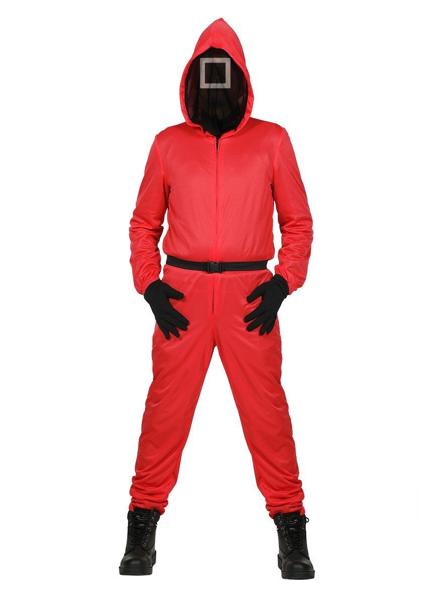 Metamorph Kostüm Squid Game Aufseher Overall mit Maske, Roter Overall mit eingearbeiteter Maske der Aufseher aus der koreanisc