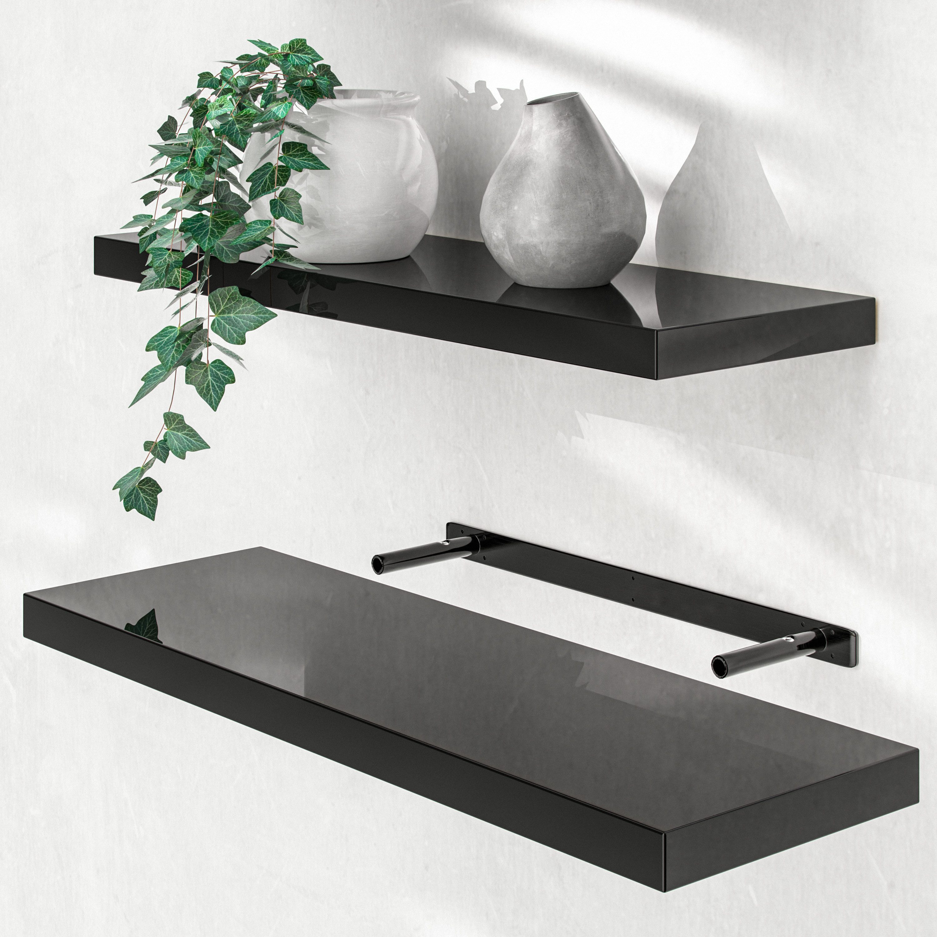 Casaria Wandboard, Schwarz Hängeregal mit Halterung 15kg Tragkraft Küche Hochglanz 70cm