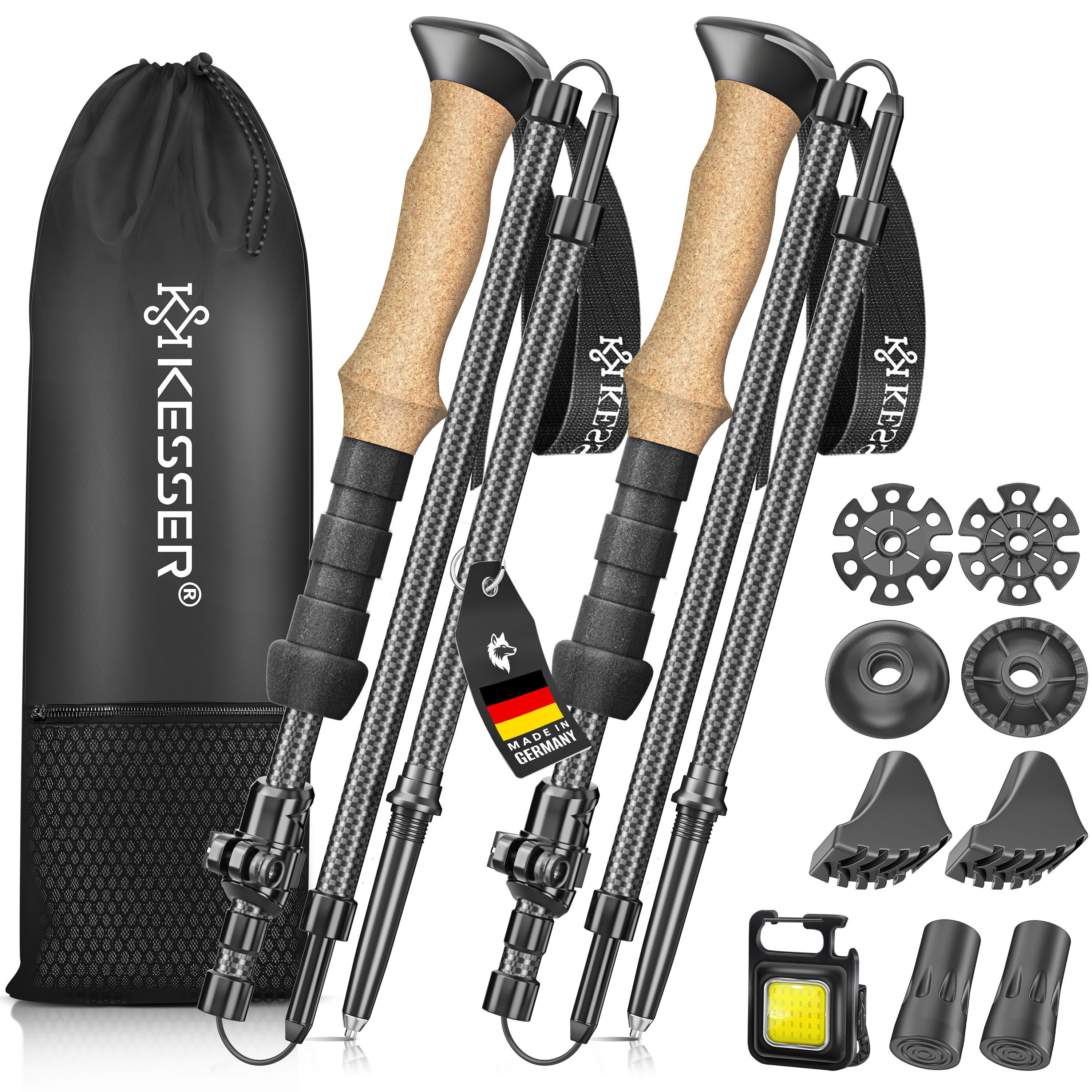 KESSER Wanderstöcke Nordic Walking Stöcke 115-135cm (zum Wandern, Trekking, Skitour & Bergsport - faltbar/Teleskop), für Damen & Herren, Trekkingstöcke verstellbar Carbon + Korkgriff