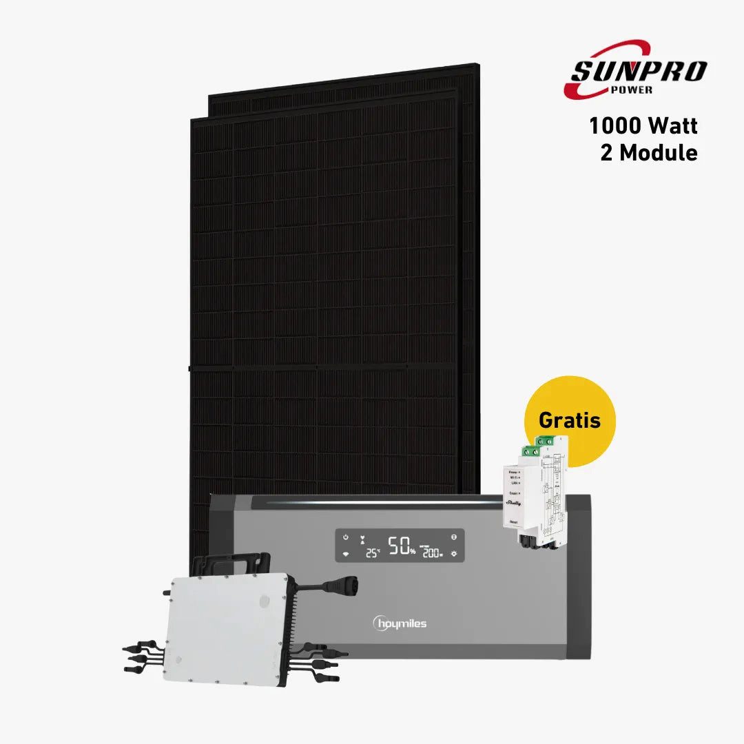 Balkonstrom Balkonkraftwerk 1000W + Speicher, Hoymiles HiBattery 1920 AC, Komplettset, Bifazial, 1000 W, Monokristallin, (Hoymiles HiBattery 1920 AC Stromspeicher), Made in Germany Kabel