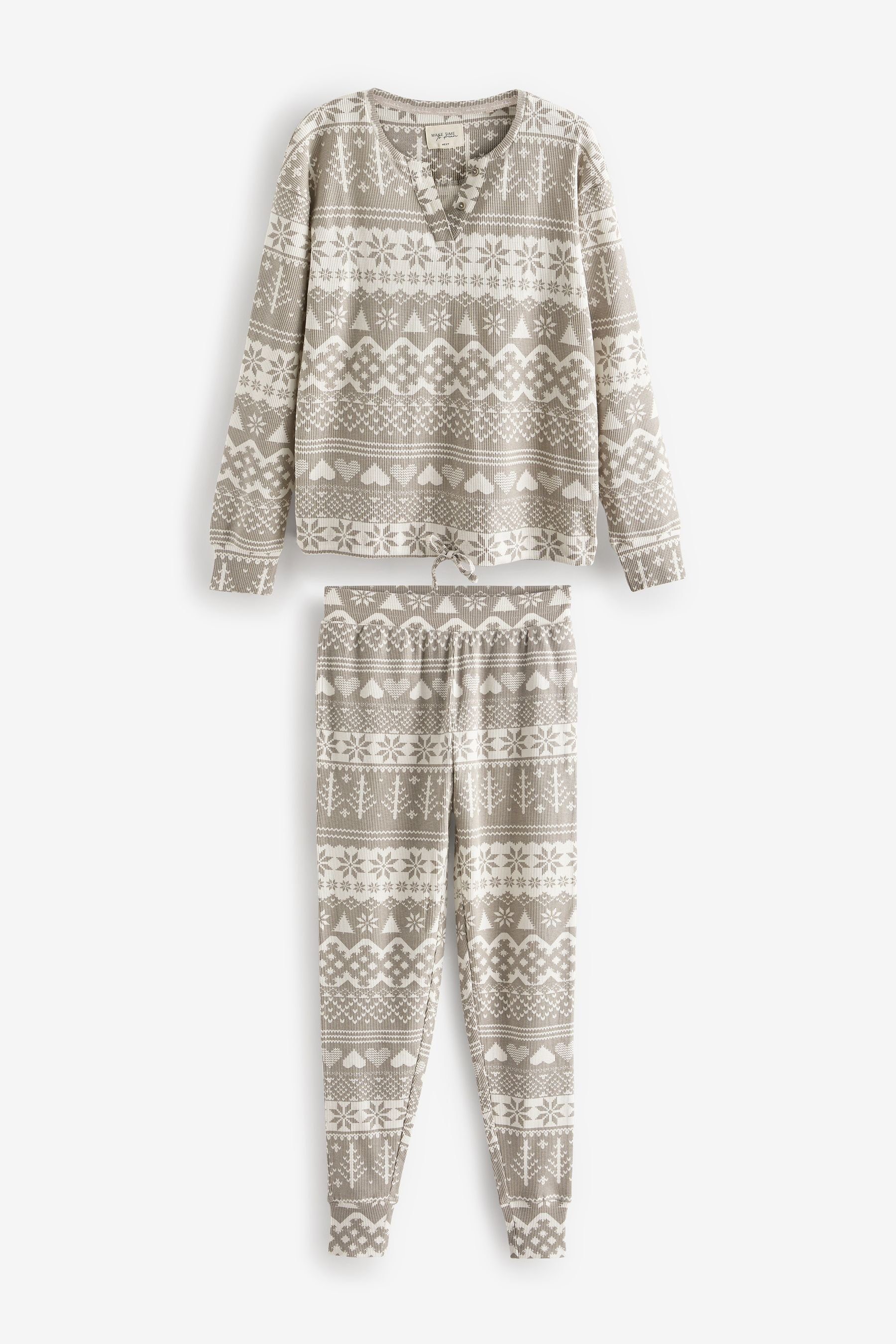Next Pyjama Langärmeliger gewaffelter Pyjama aus Baumwolle (2 tlg) Grey Fairisle Pattern