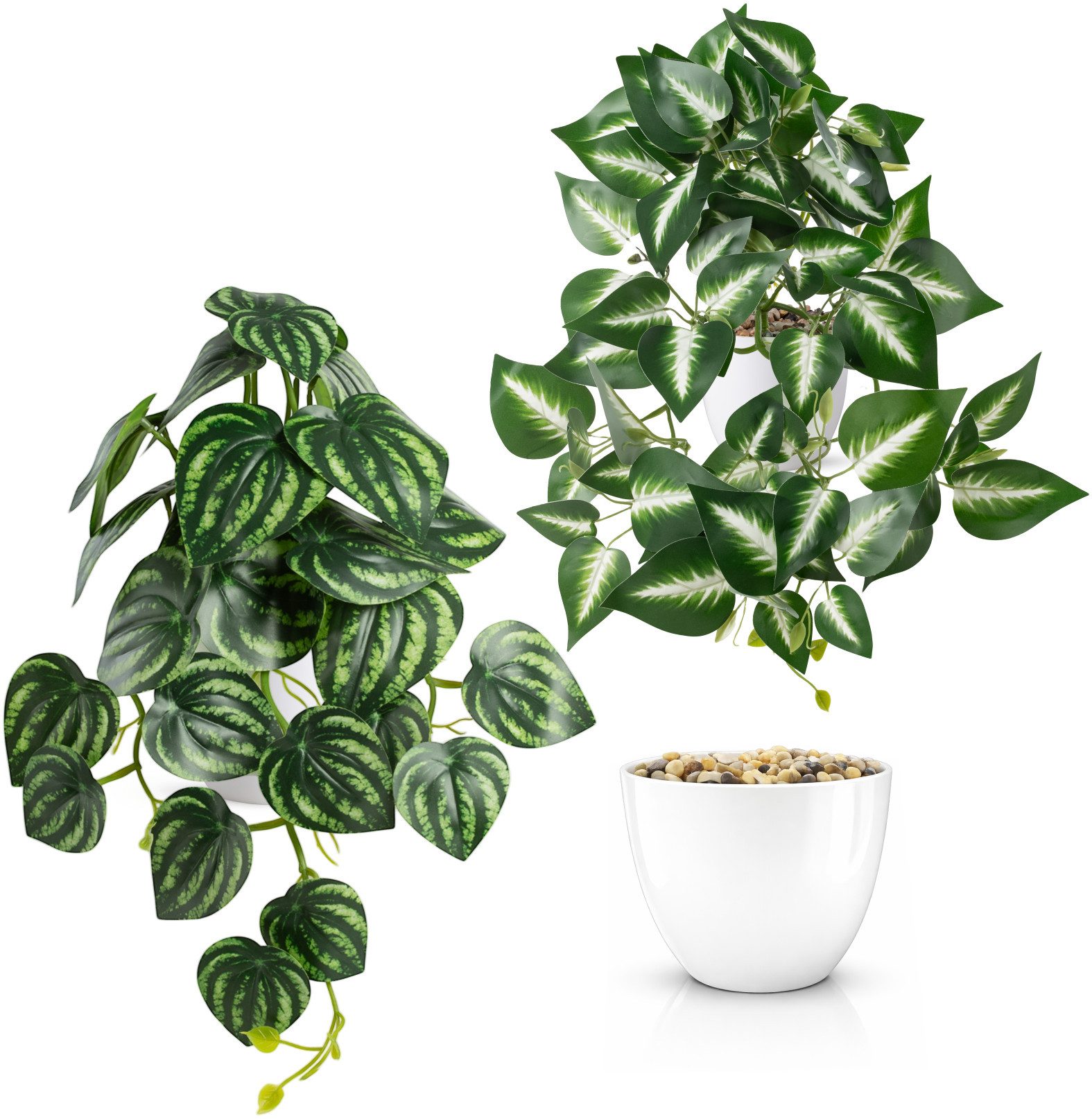 Kunstpflanze Künstliche Hängepflanzen im bruchfesten Topf, Hängepflanze künstlich Efeu, Monstera, Philodendron, Calathea, Pfeilblatt, Mosaik- & Zebrapflanze, PASCH, Bruchfester weißer Kunststofftopf