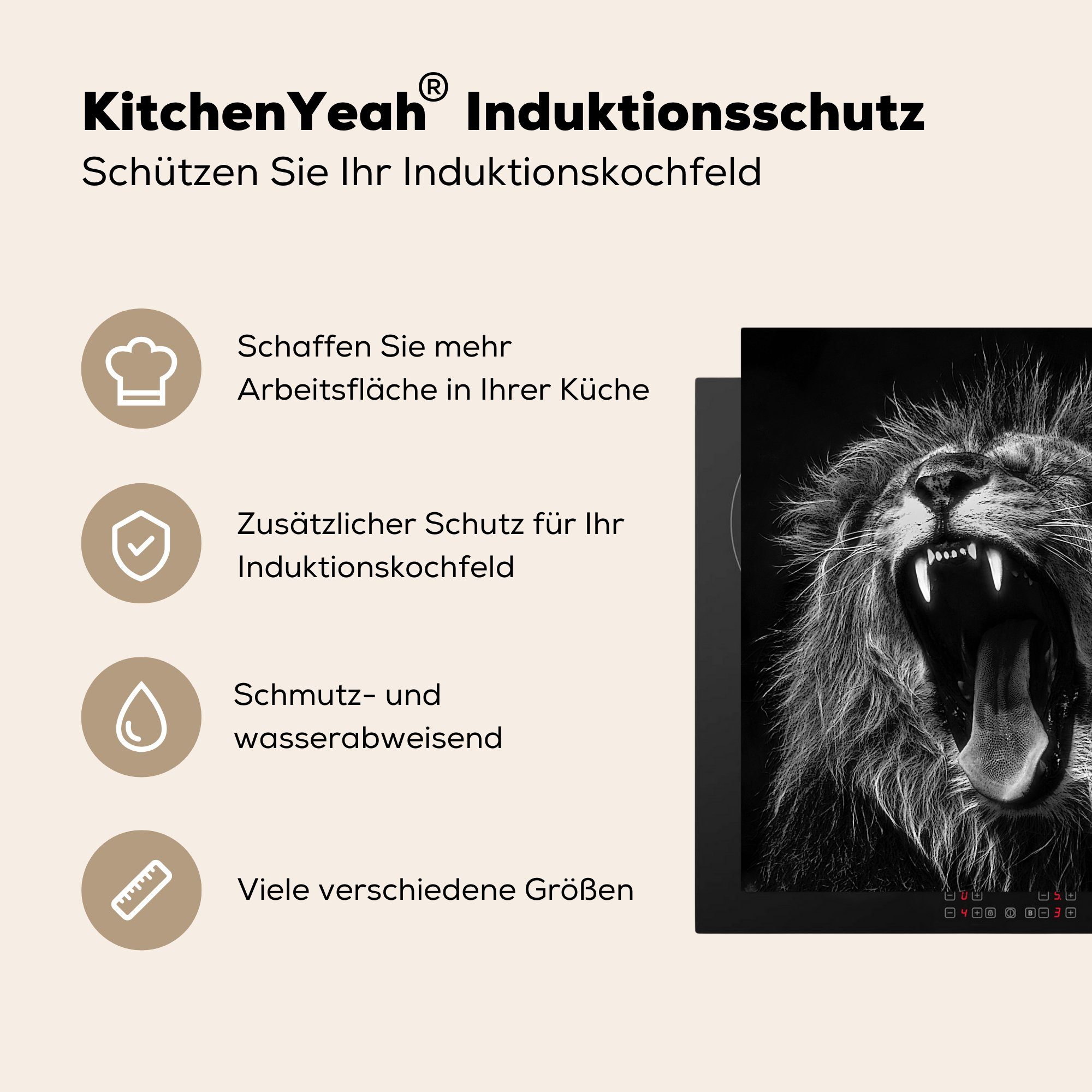 (1 Herdblende-/Abdeckplatte Profil - küche Löwen Vinyl, Ceranfeldabdeckung, für MuchoWow tlg), cm, 78x78 Arbeitsplatte - Weiß, Schwarz -