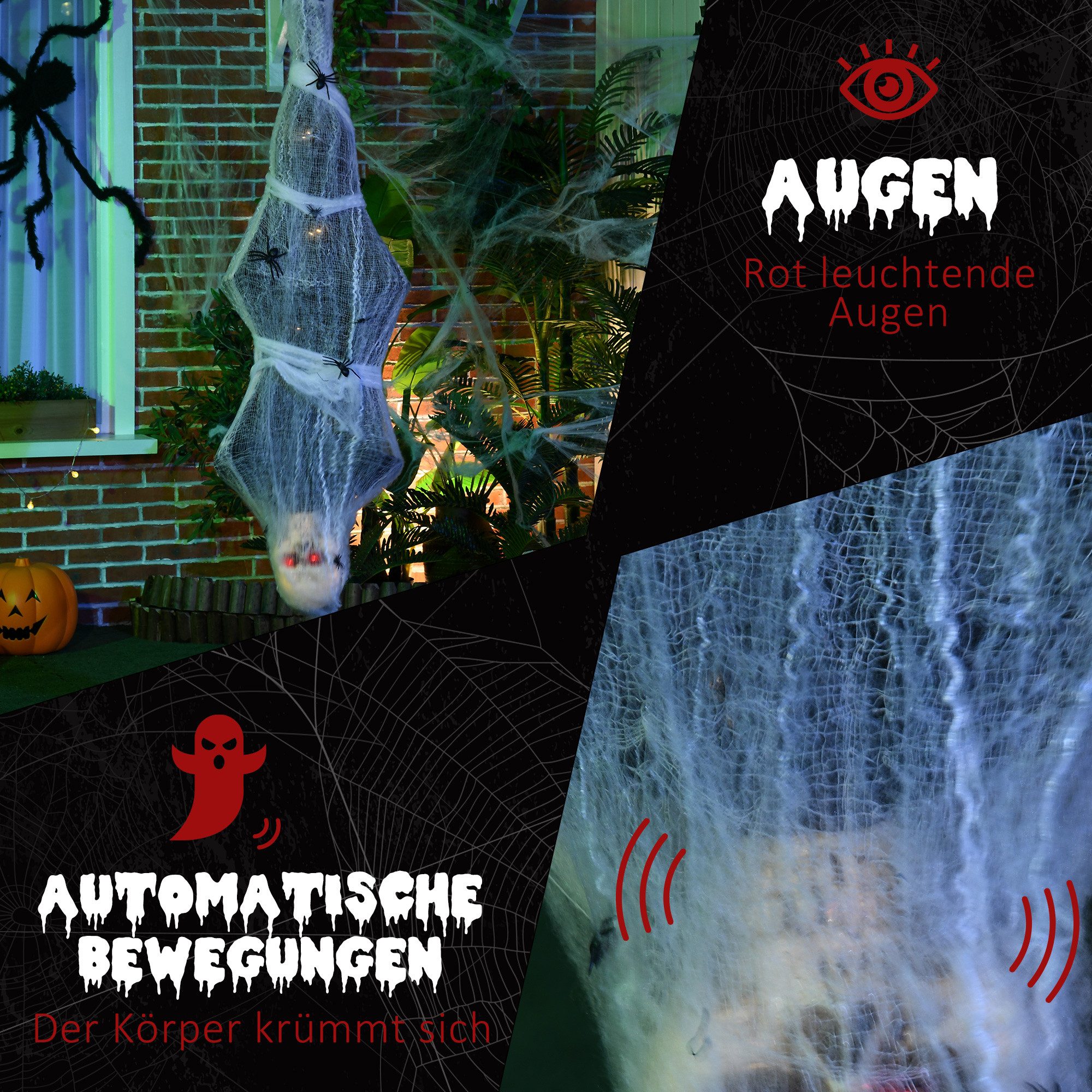 HOMCOM Dekofigur Hängend Skelett Haustür Deko mit Augenglühen (Halloween-Dekoration, 1 St., Mumie), mit Spinnennetz – Bild 5 von 5