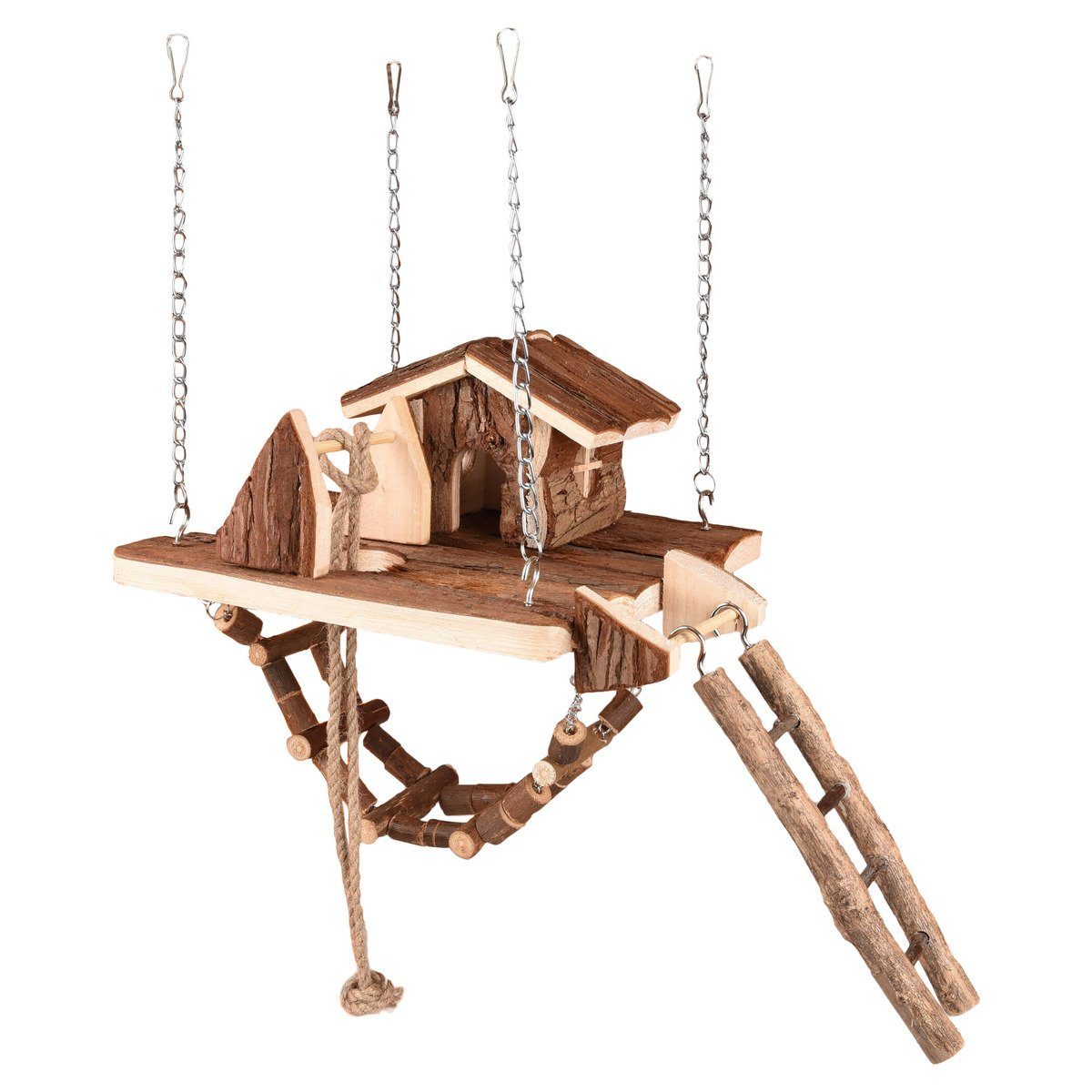 Flamingo Nagerhaus Nagerspielzeug Hängebrücke + Haus aus Holz Milly