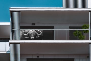 MuchoWow Balkonsichtschutz Tiere - Büffel - Schwarz - Weiß - Porträt (1-St) Balkonbanner, Sichtschutz für den Balkon, Robustes und wetterfest