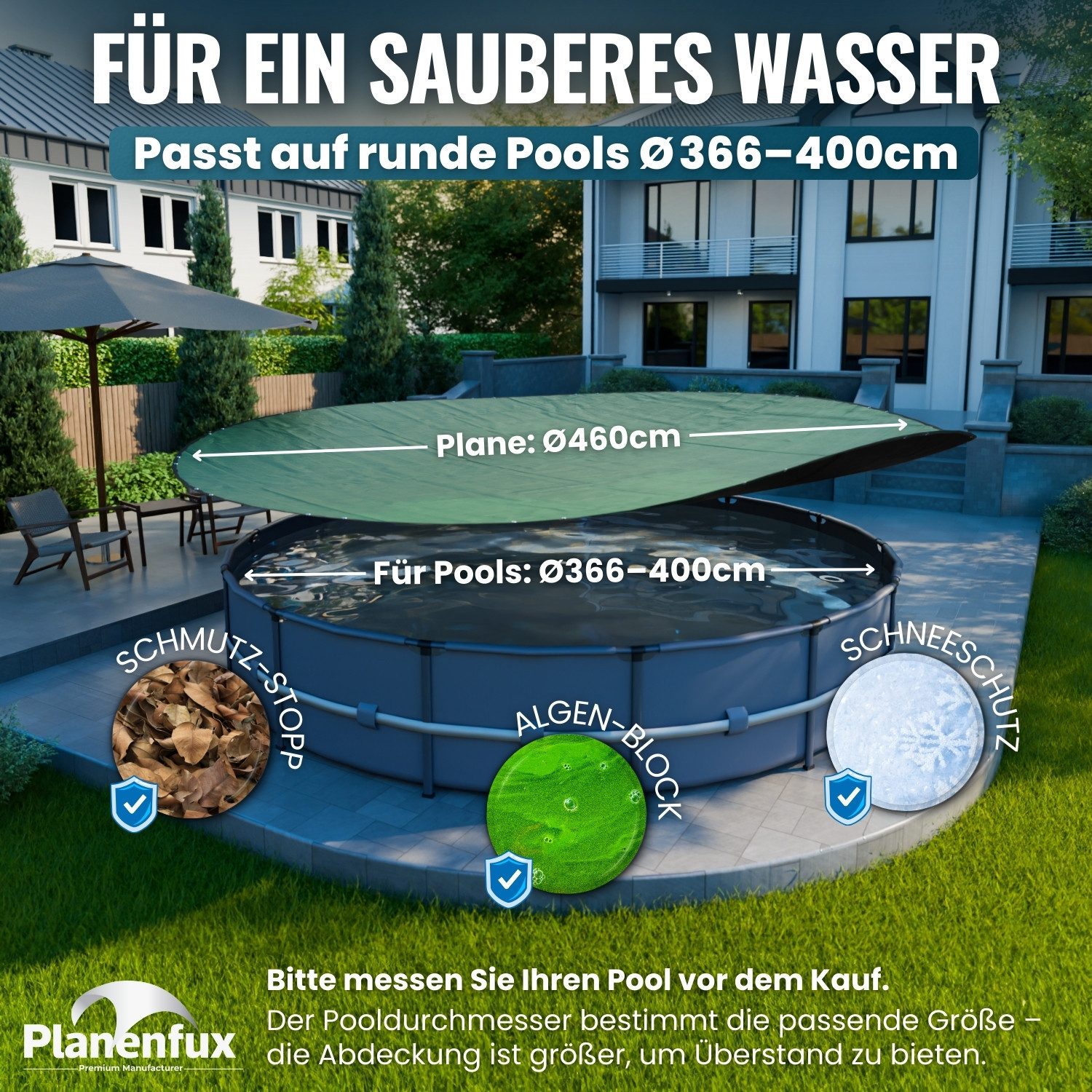 Planenfux® Pool-Abdeckplane Poolplanen rund PE Material - Grün (PARENT) (inkl. Planenseil), Ø 366 - 400 cm Pool Abdeckung rund aus verstärktem 200g/m² PE Material