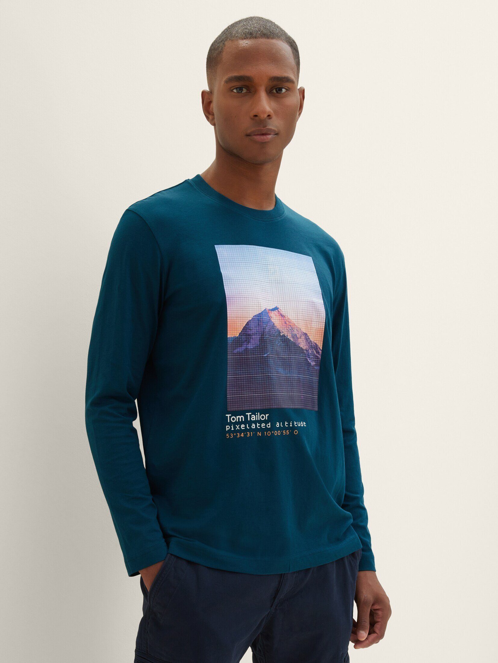 TOM TAILOR T-Shirt Langarmshirt mit green pond Bio-Baumwolle deep