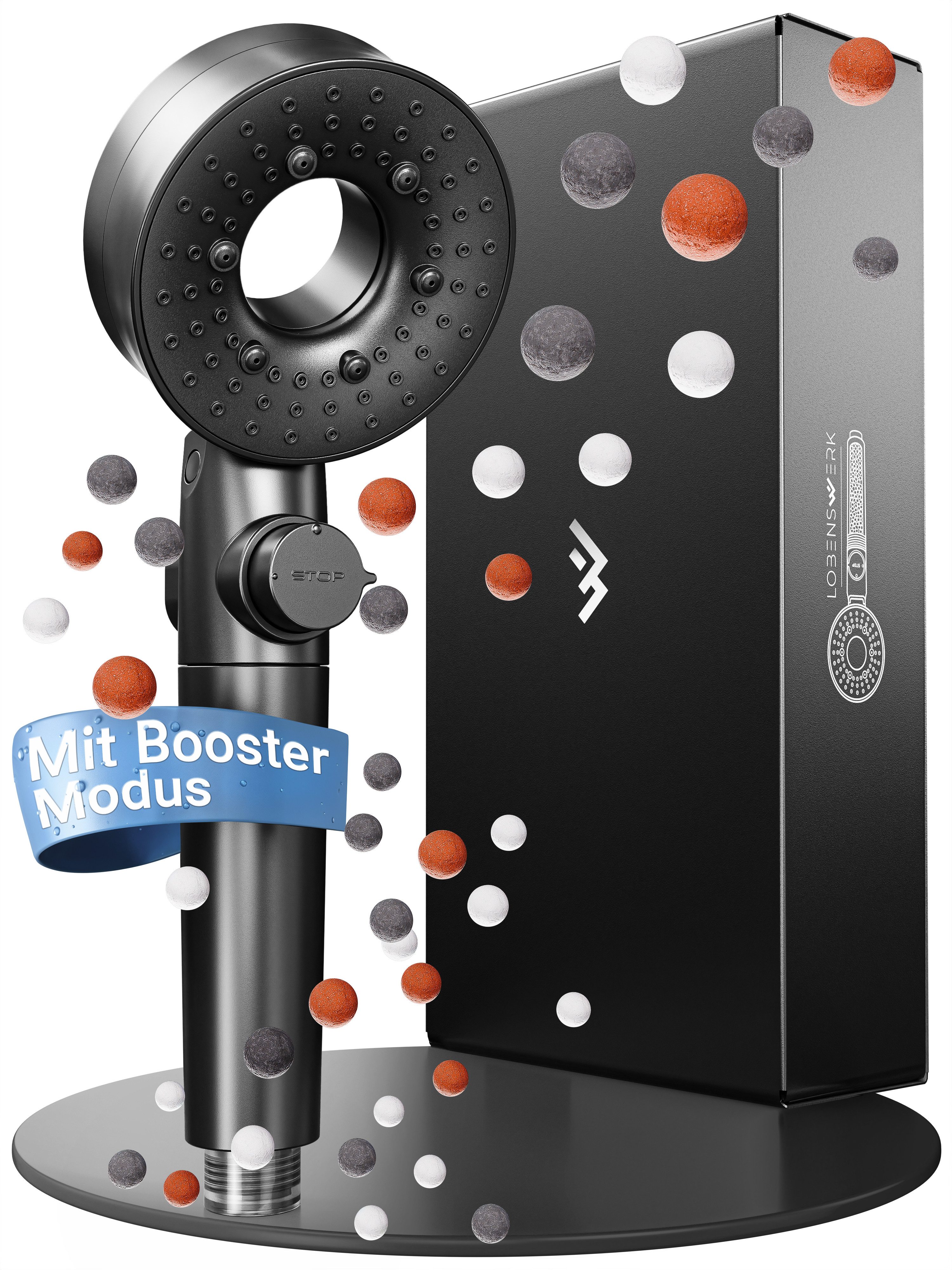 Lobenswerk Duschbrause Duschkopf mit Boost-Funktion, mit Mineralperlenfilter gegen Kalk & Verunreinigungen