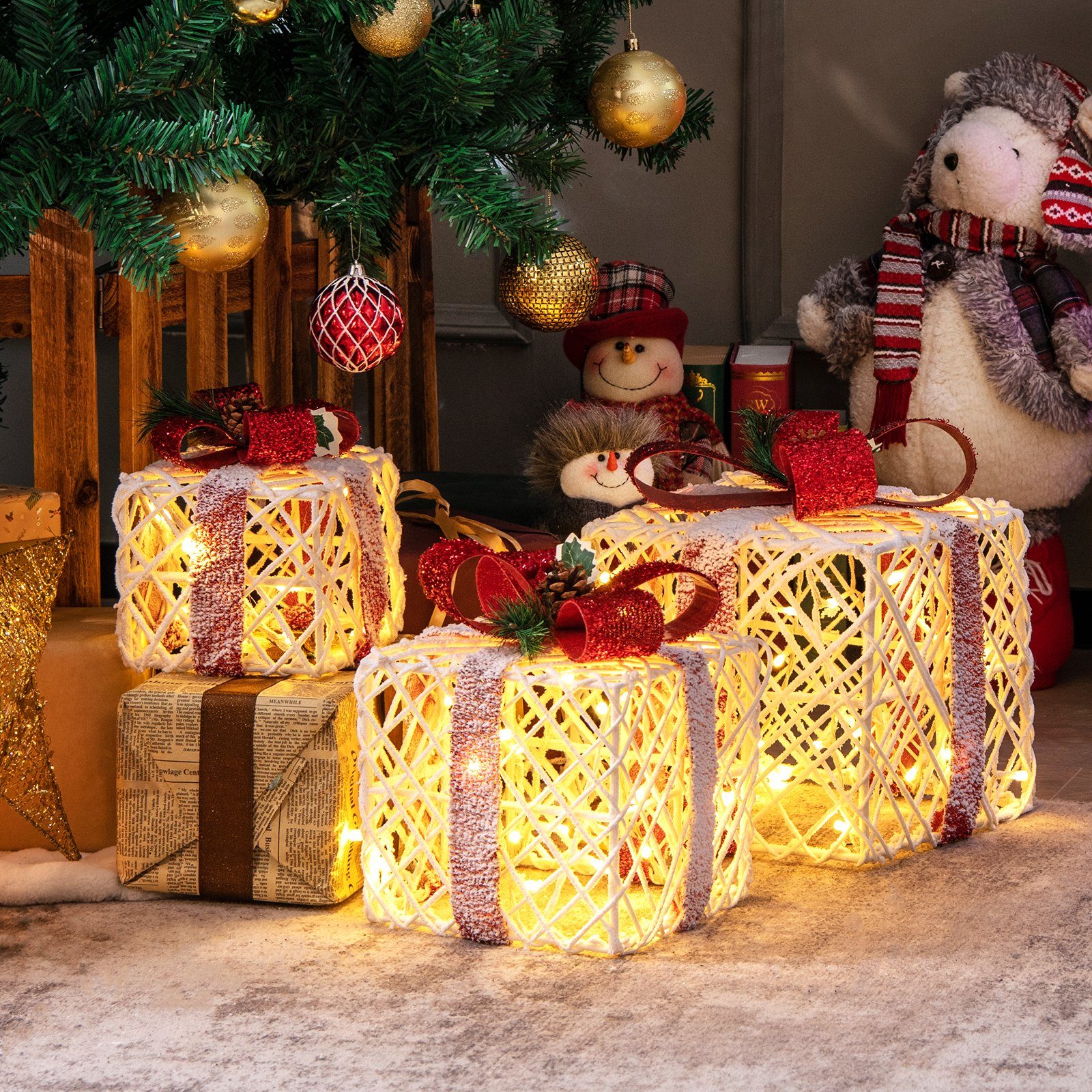 COSTWAY Weihnachtsfigur LED Geschenkboxen (3 St), Weihnachtsdeko, mit 60 LEDs & 6H Timer