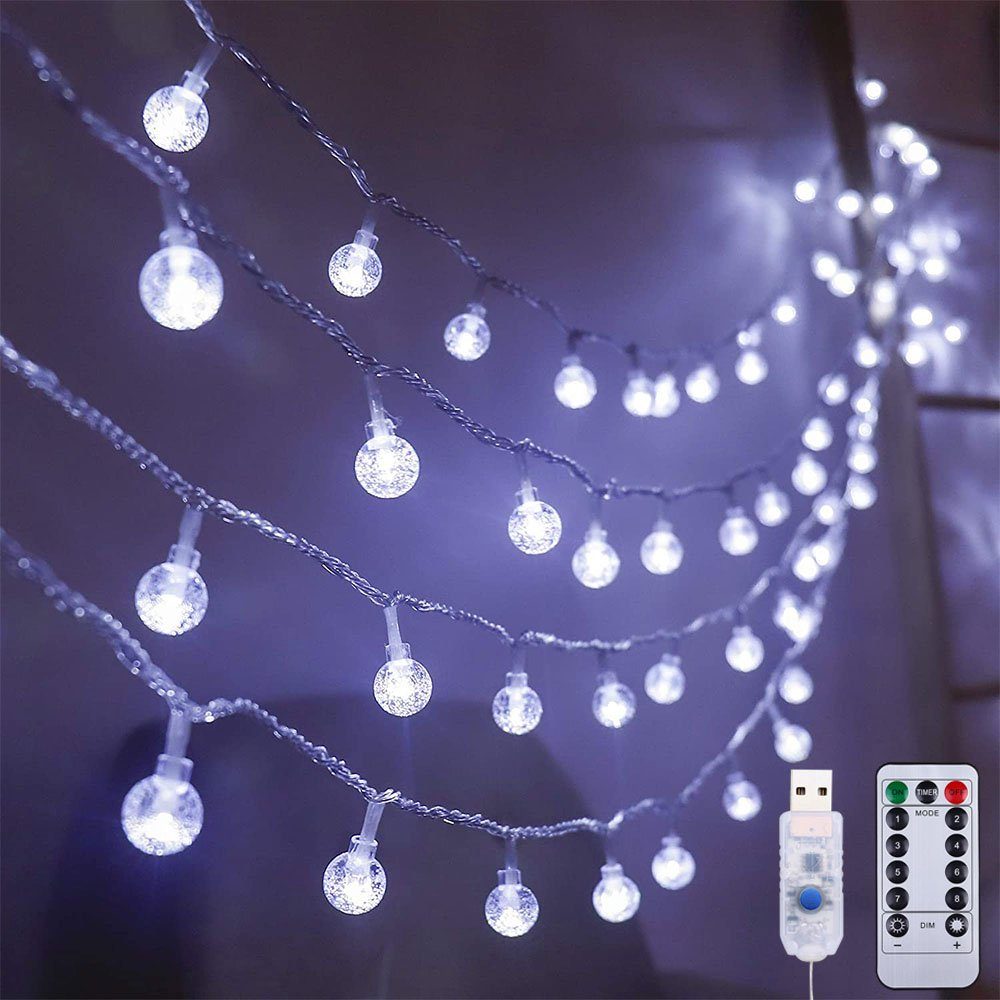 Rosnek LED-Lichterkette Kristallkugel, Dimmbar, 8 Modi, Timer, für Weihnachts- und Hochzeits, mit Fernbedienung; USB Weiß